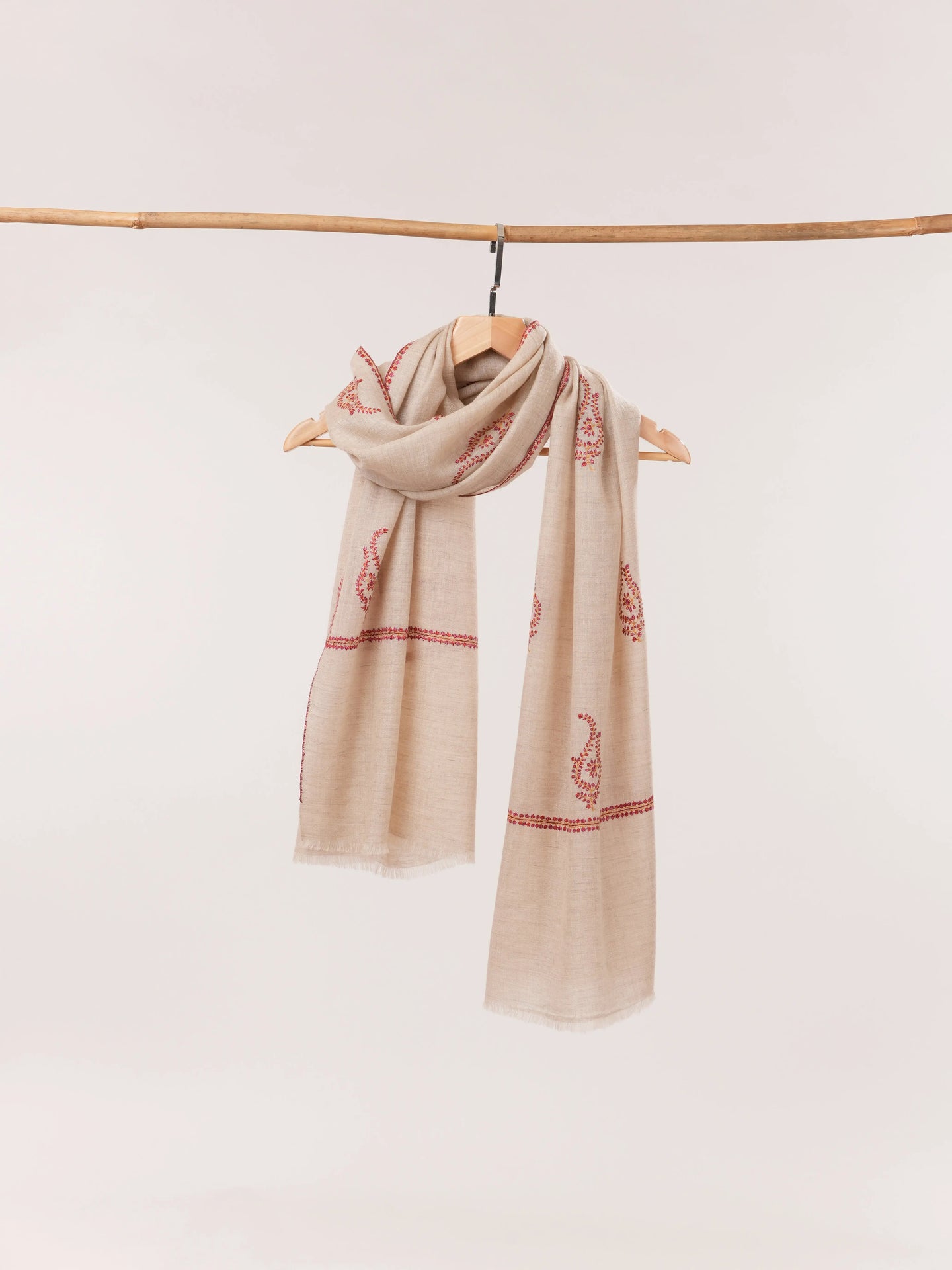 Natural Taupe Handwoven Cashmere Scarf with Sozni Hand Embroidery Shahkaar.com