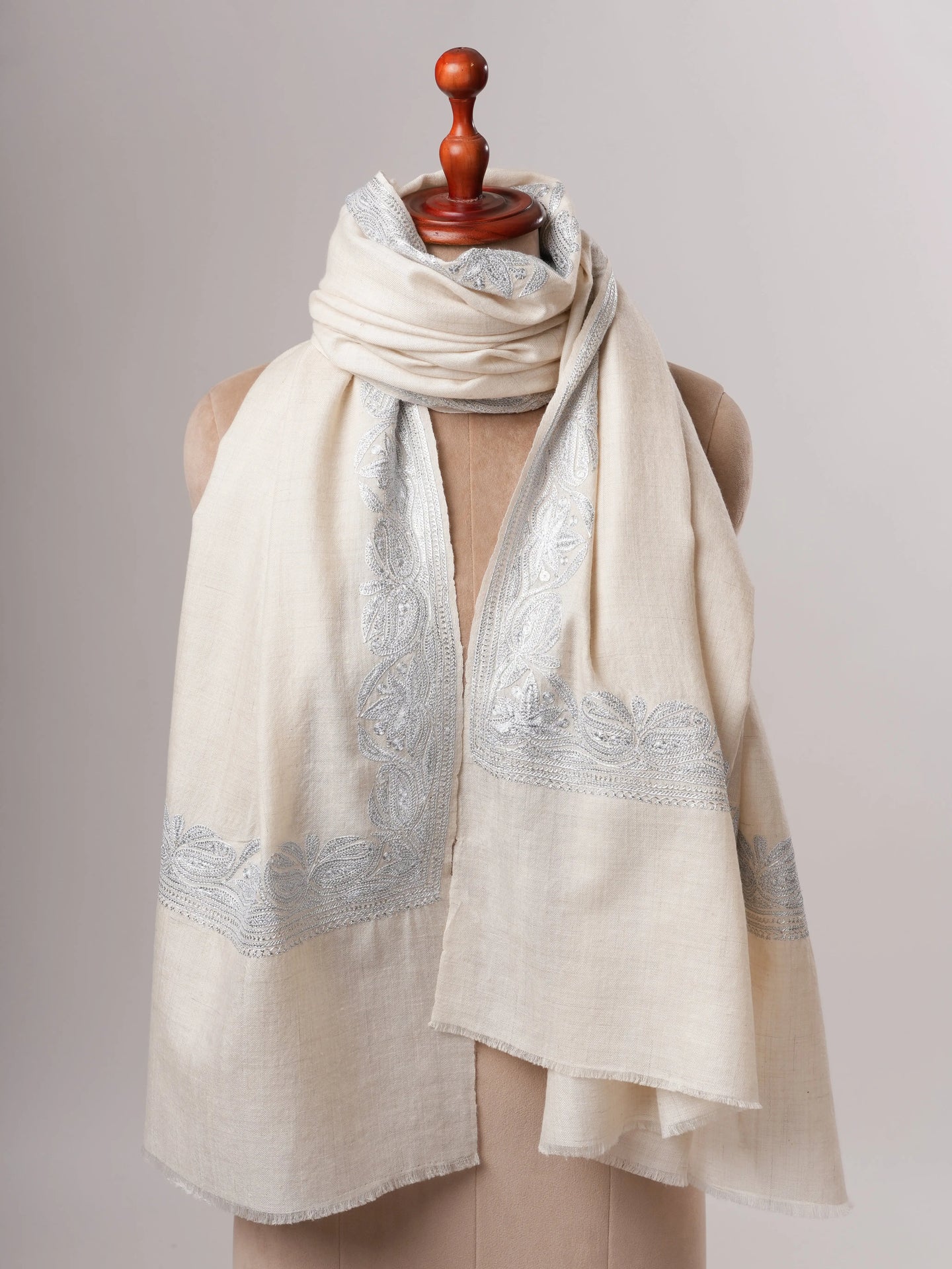 Handwoven White Pashmina with Traditional Silver Tilla Embroidery Shahkaar