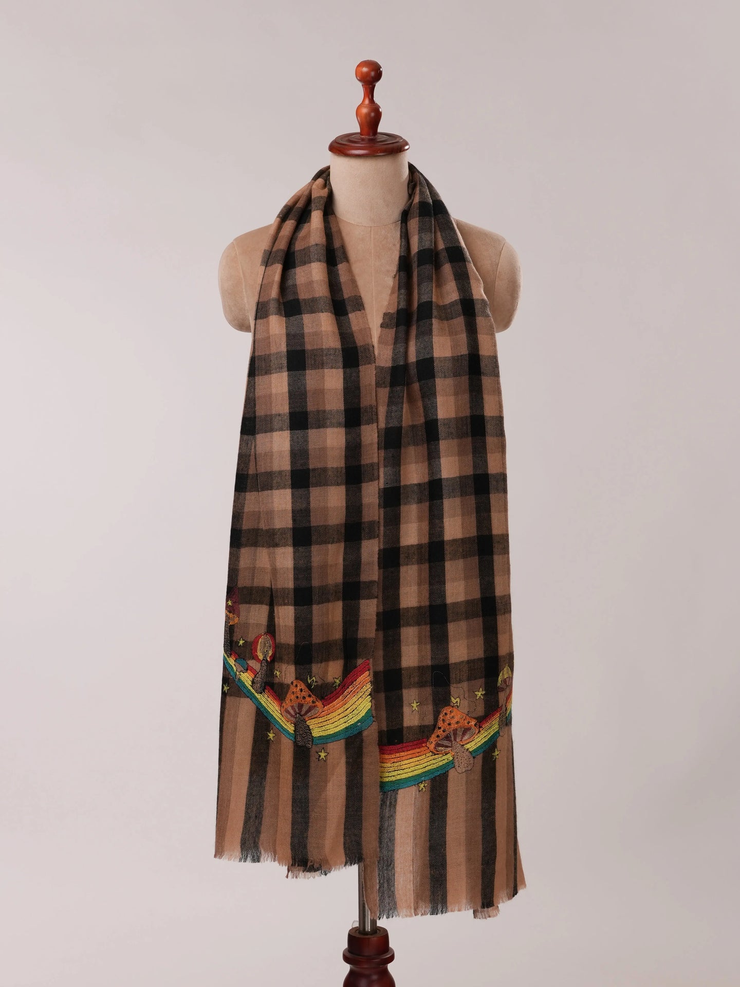 Rainbow Mushroom Palla Hook Hand Embroidered Cashmere Scarf Shahkaar.com