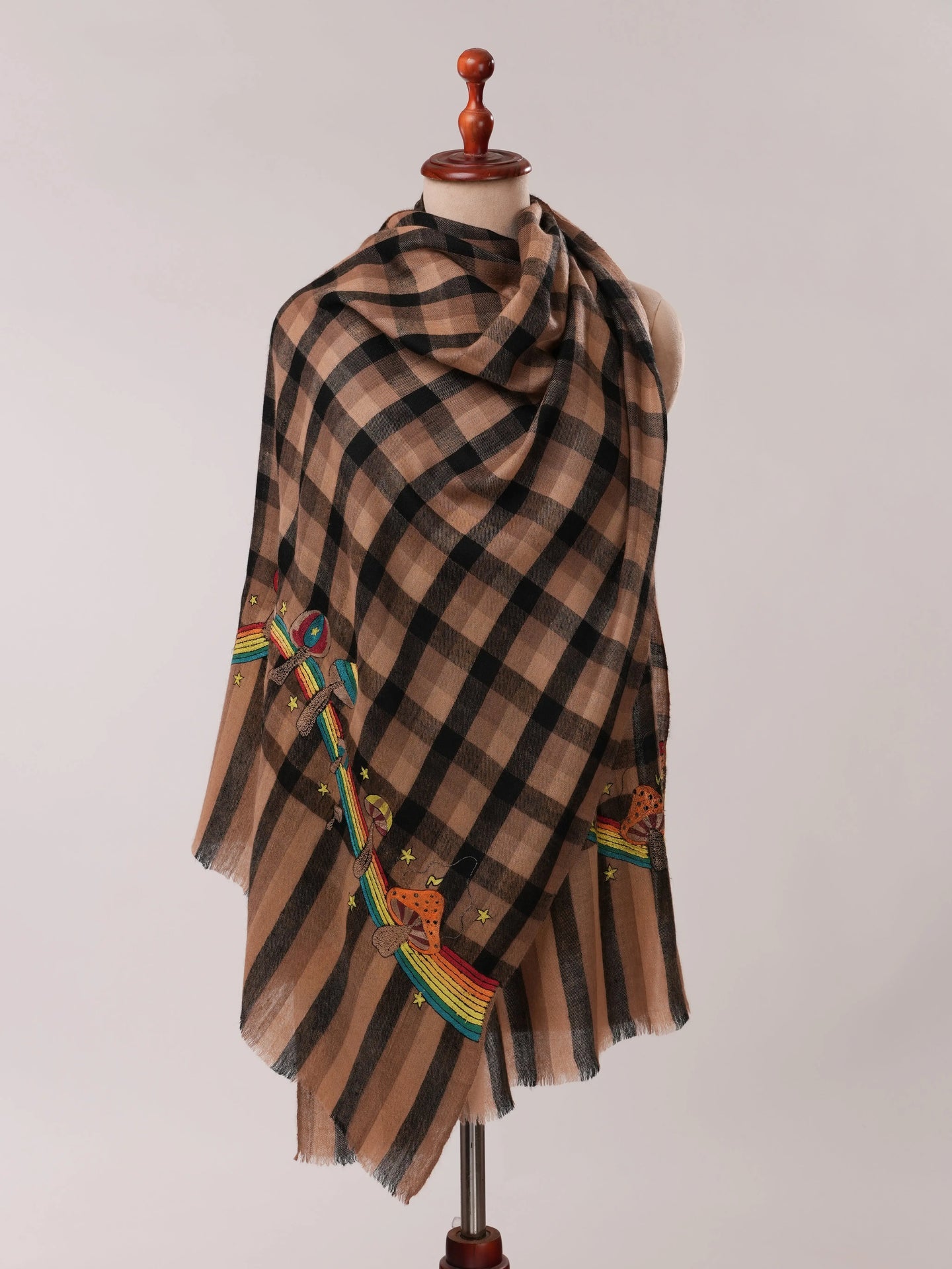 Rainbow Mushroom Palla Hook Hand Embroidered Cashmere Scarf Shahkaar.com