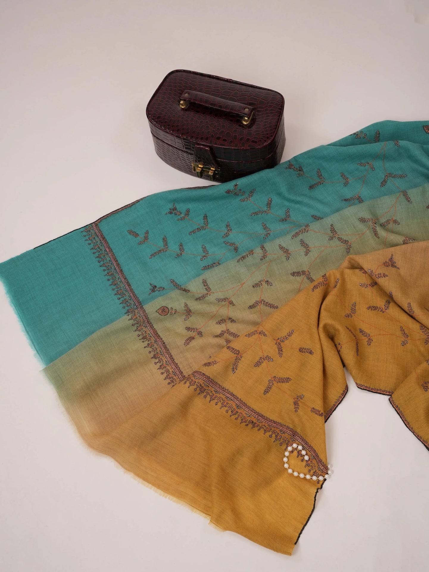 Ombre All Over Hand Embroidered Pure Pashmina Shawl Shahkaar.com
