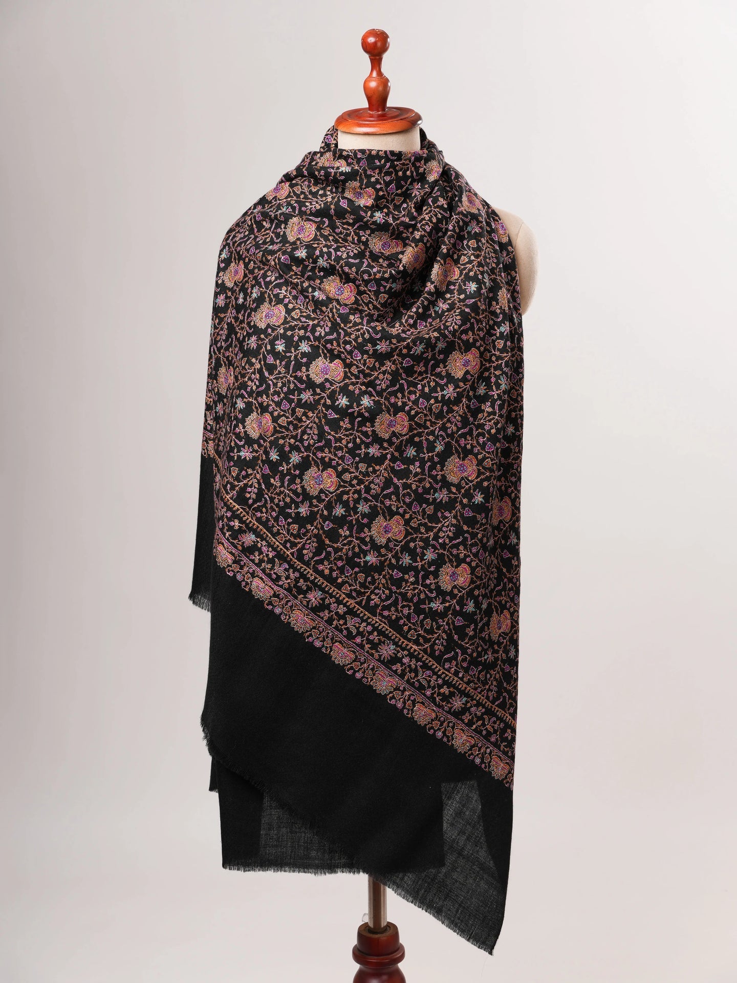 Black Pure Pashmina Shawl with Classic Jali Embroidery Shahkaar