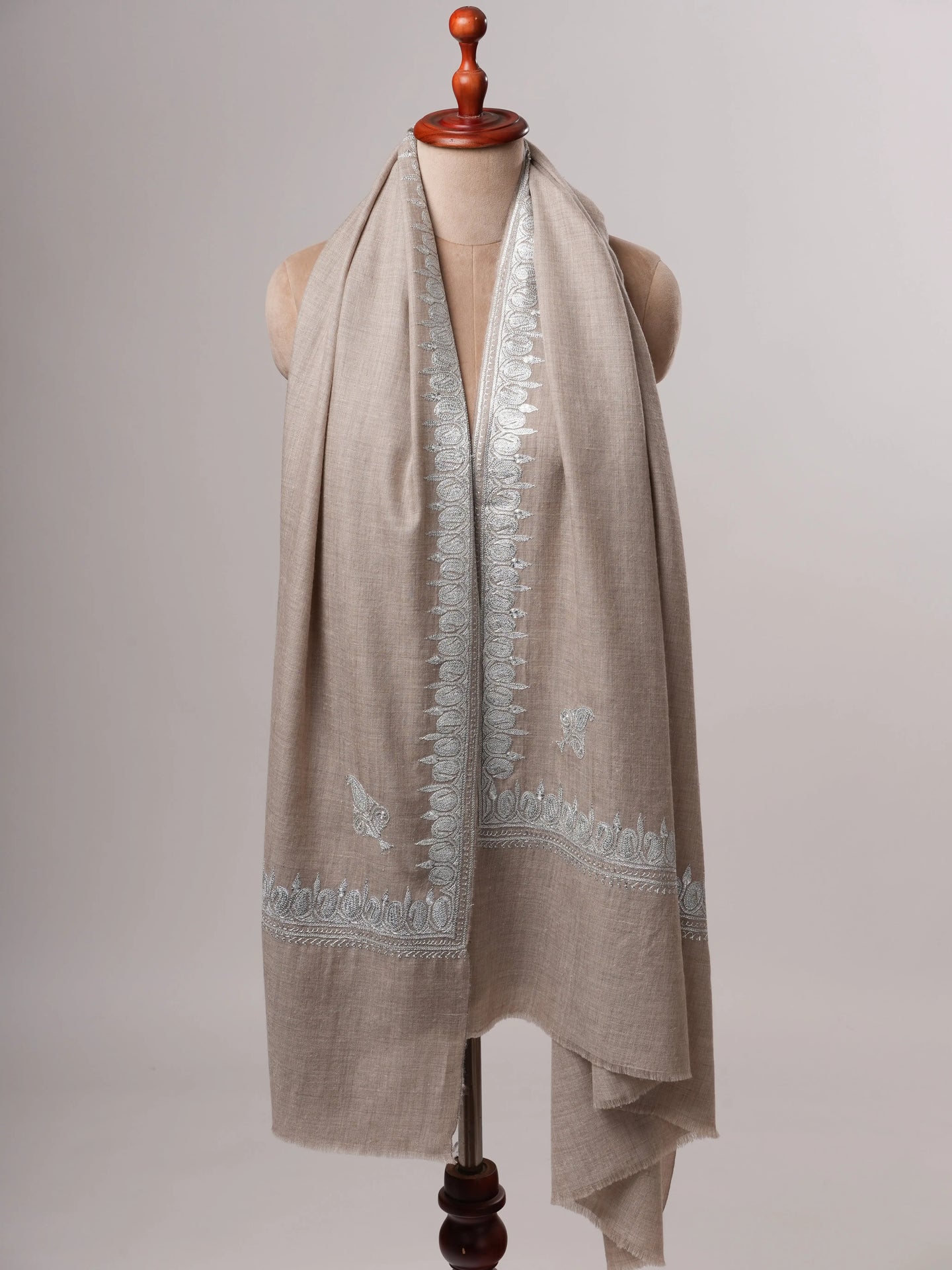 Grey Pashmina Shawl with Handcrafted Hashia Silver Tilla Work Shahkaar