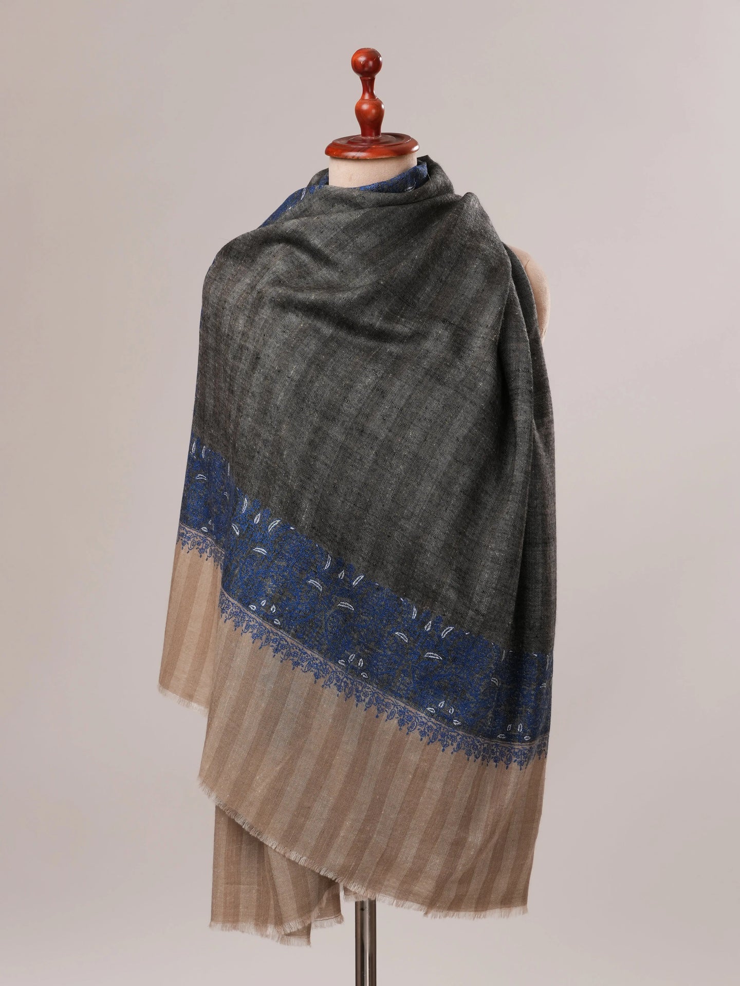 Striped Pashmina Shawl with Daurdar Sozni Embroidery Shahkaar.com