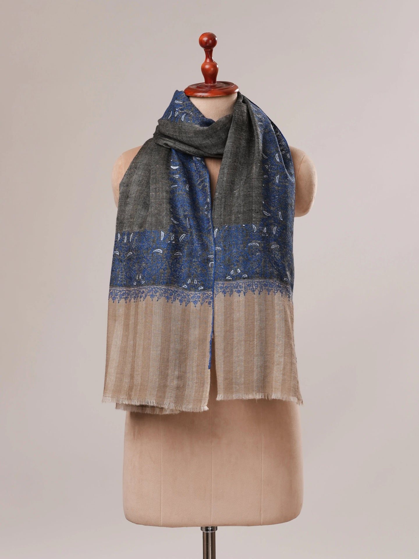 Striped Pashmina Shawl with Daurdar Sozni Embroidery Shahkaar.com