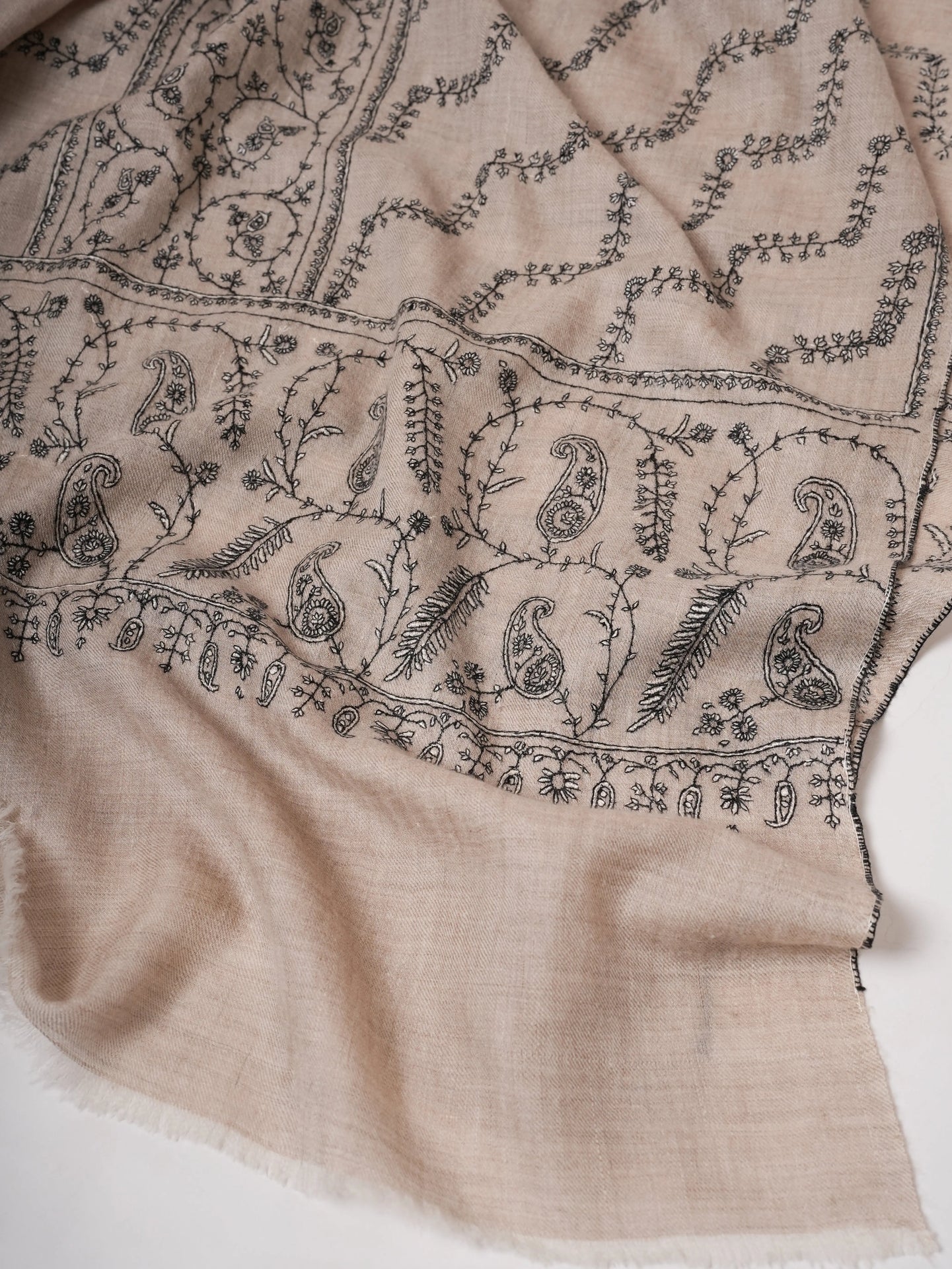 Soft Grey Cashmere Scarf Featuring Intricate Sozni Handwork Shahkaar