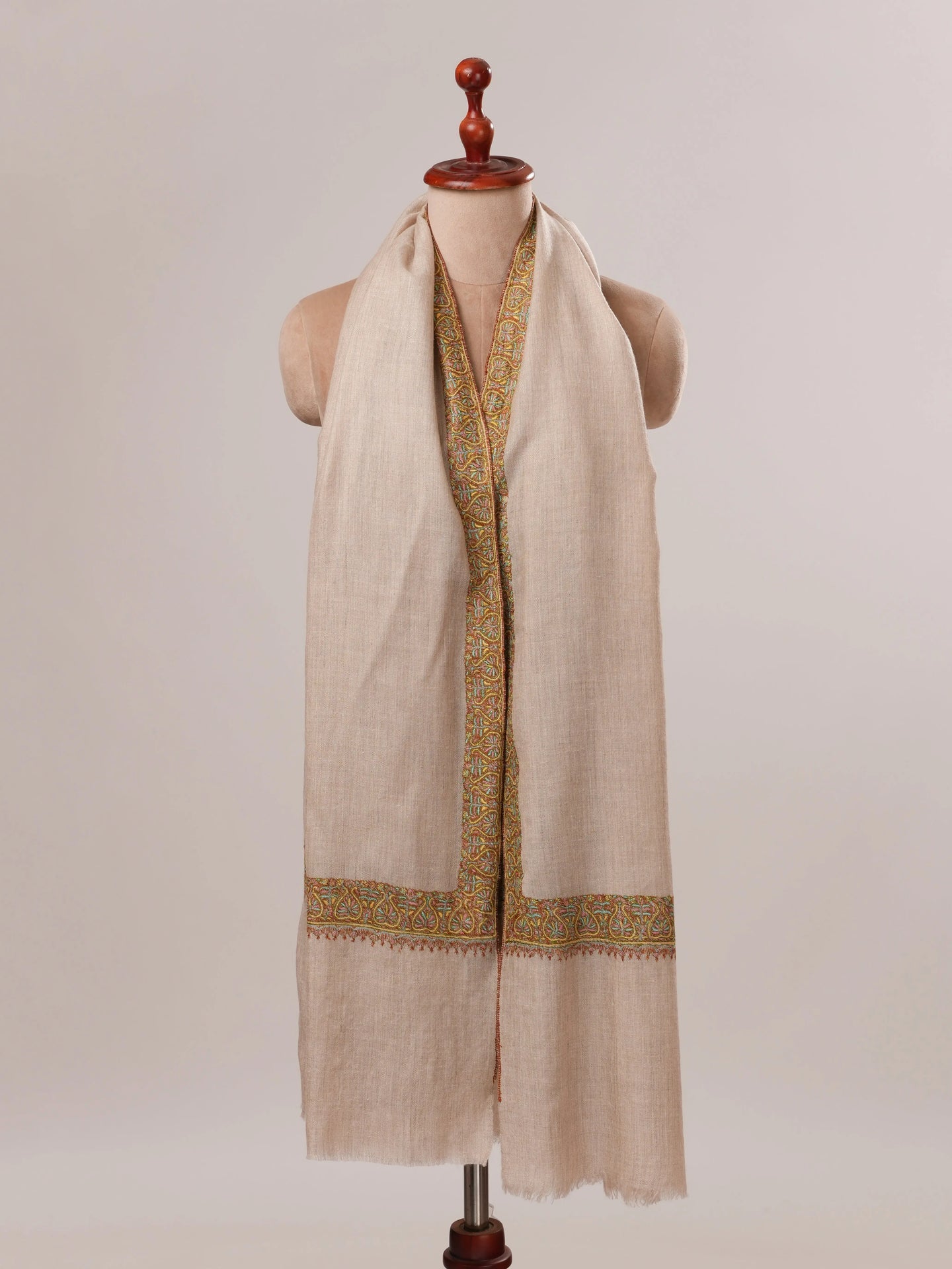 Natural Grey Neemdaur Hand Embroidered Pashmina Shawl Shahkaar.com