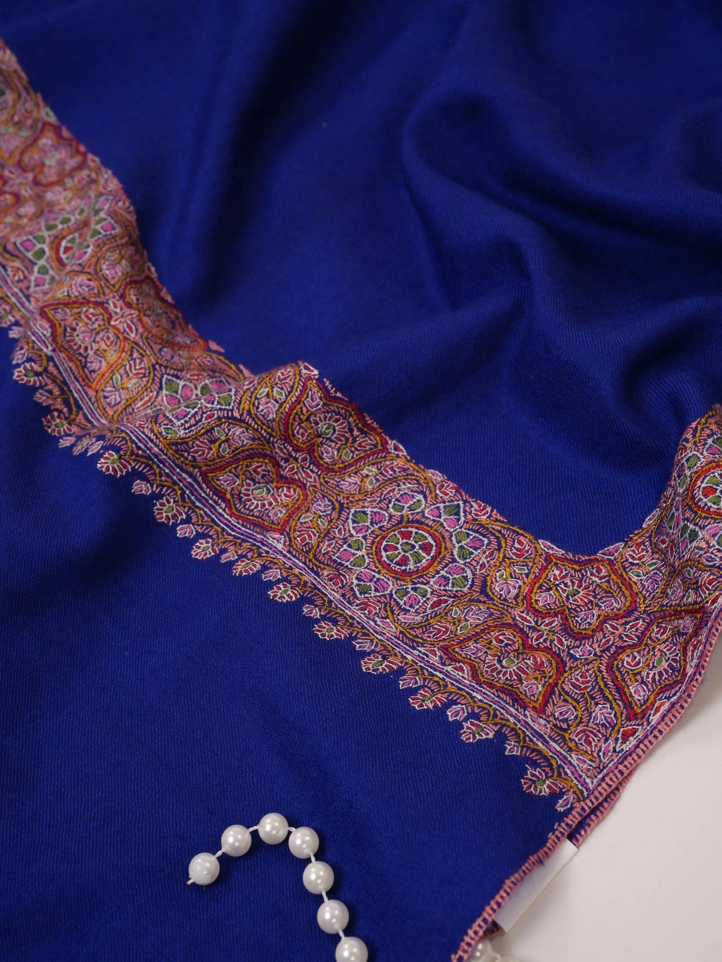 Blue Neemdaur Traditional Sozni Hand Embroidered Pashmina Shawl Shahkaar.com