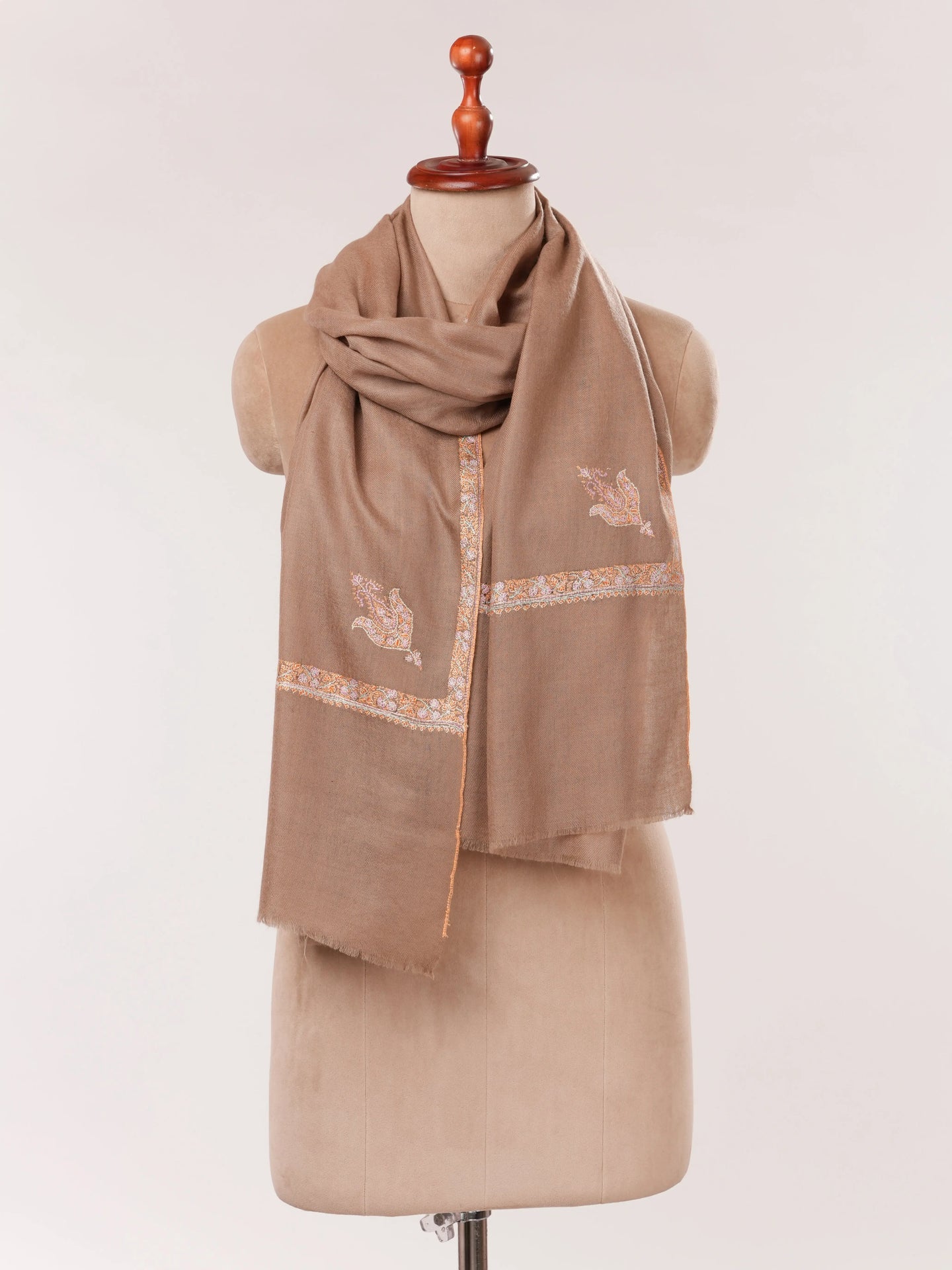 Beige Hand Embroidered Soft Cashmere Scarf Shahkaar.com