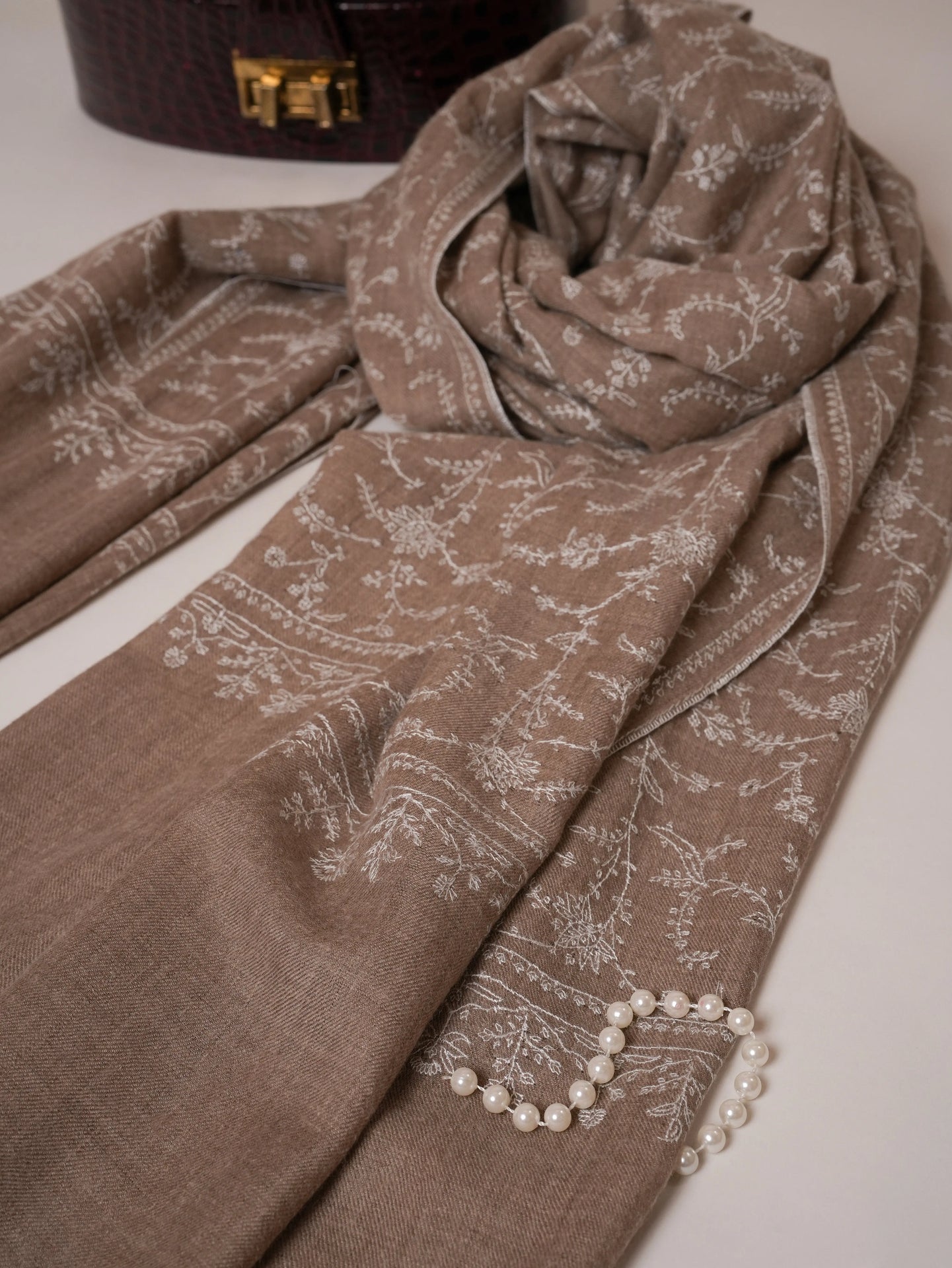 Natural Grey Pashmina Jali Shawl with White Hand Sozni Embroidery Shahkaar Global