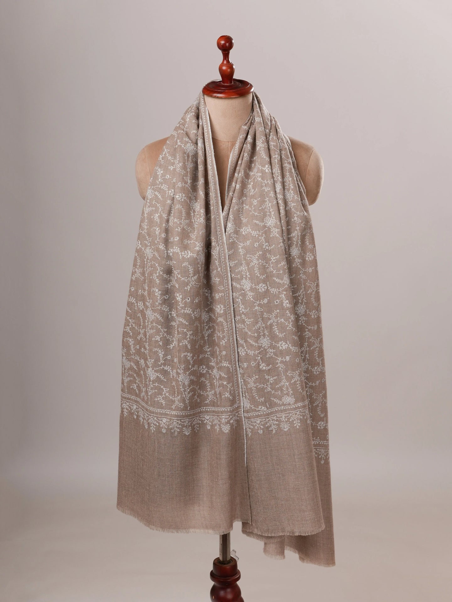 Natural Grey Pashmina Jali Shawl with White Hand Sozni Embroidery Shahkaar Global