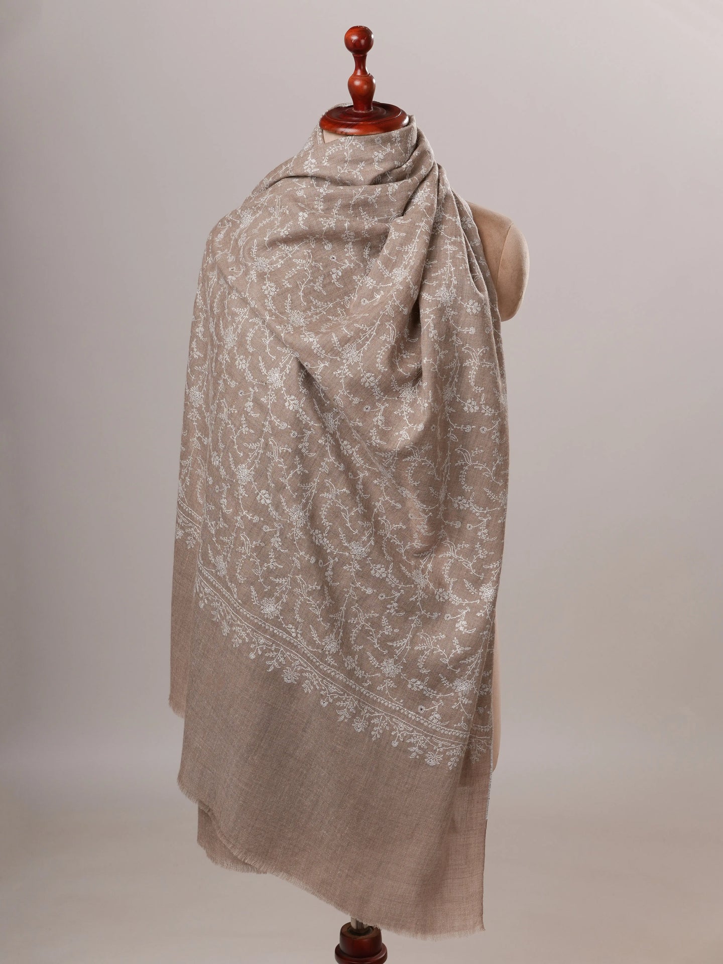 Natural Grey Pashmina Jali Shawl with White Hand Sozni Embroidery Shahkaar Global