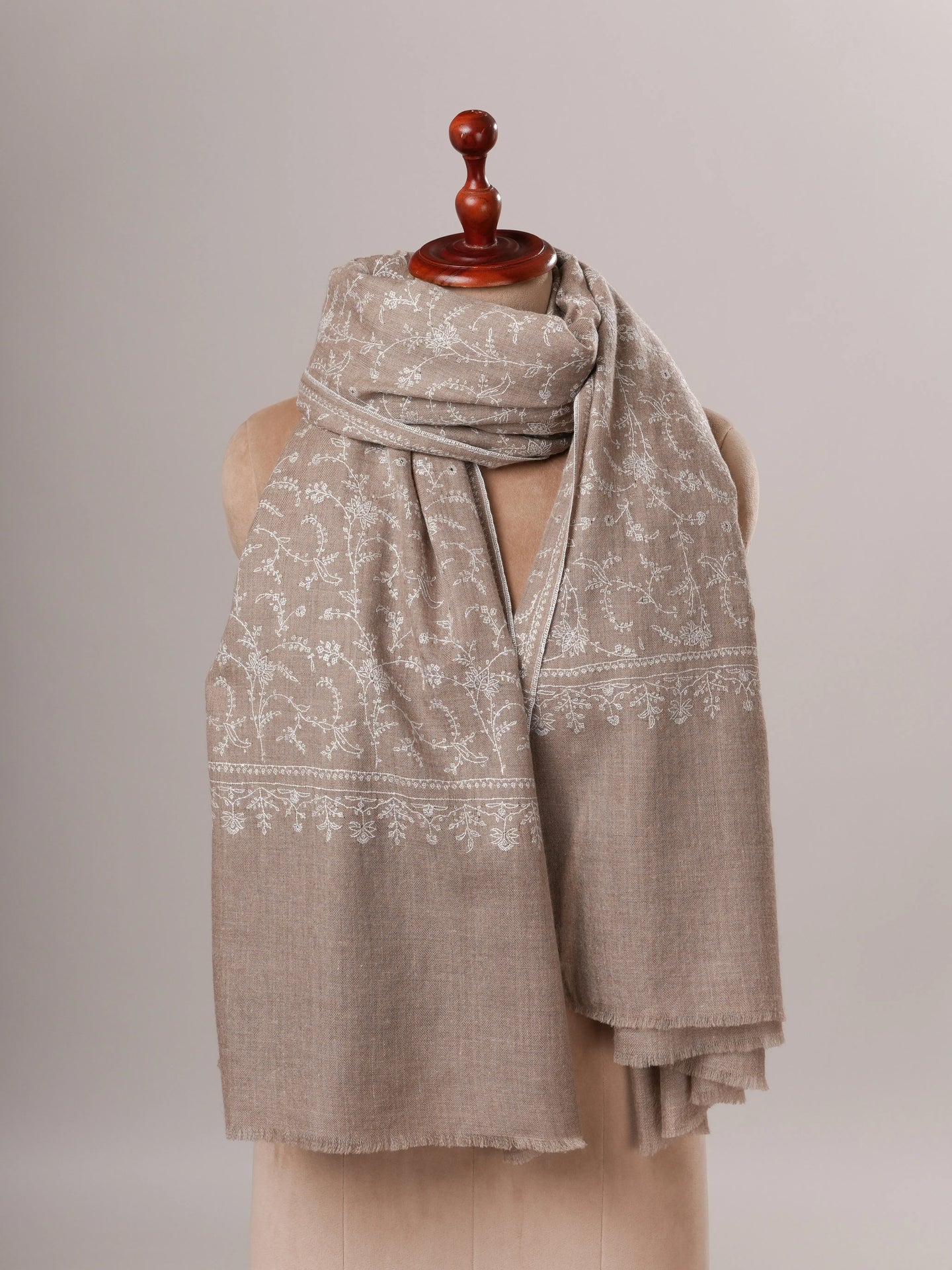 Natural Grey Pashmina Jali Shawl with White Hand Sozni Embroidery Shahkaar Global