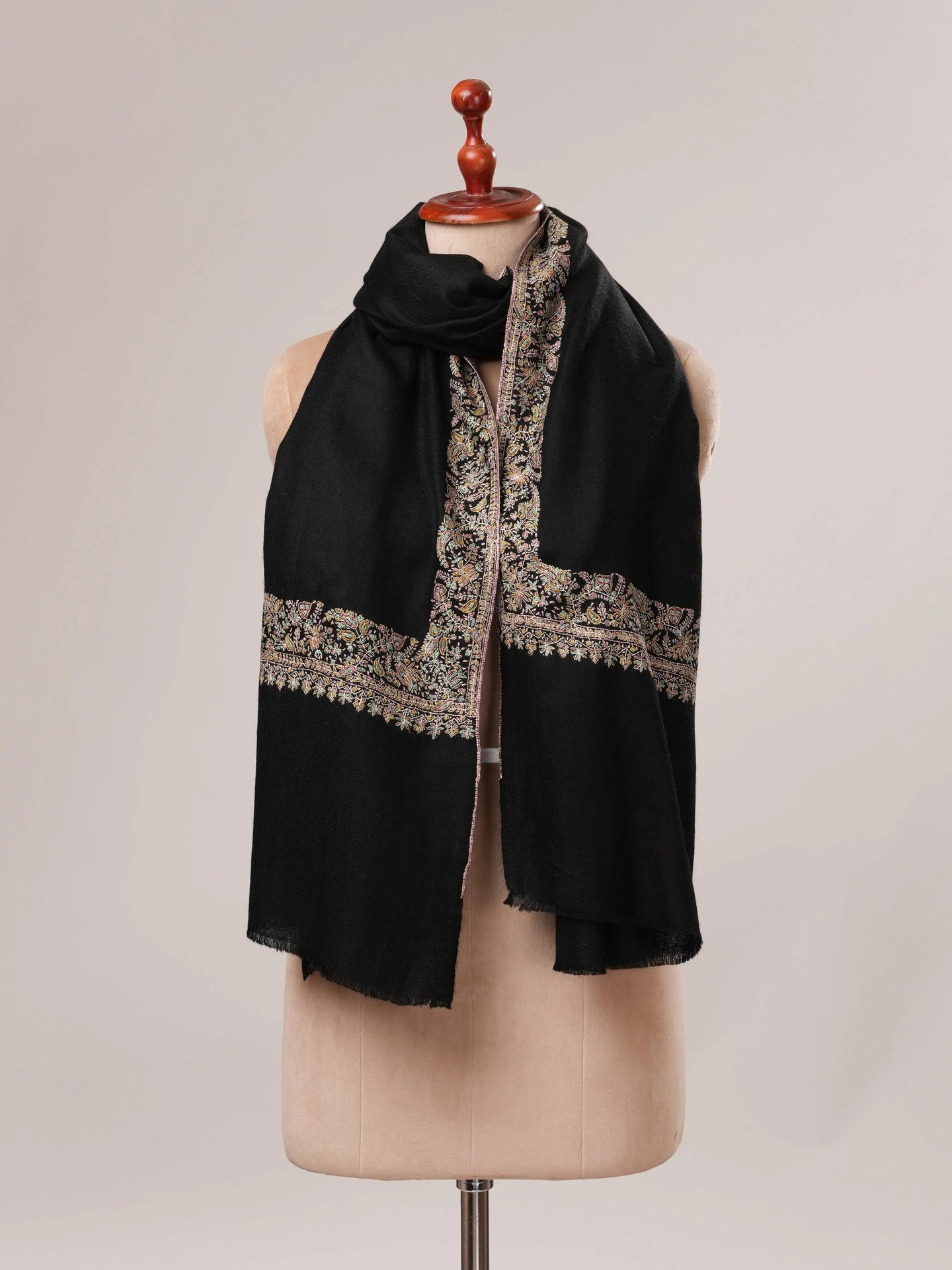 Black Neemdaur Hand Embroidered Pure Pashmina Shawl Shahkaar.com