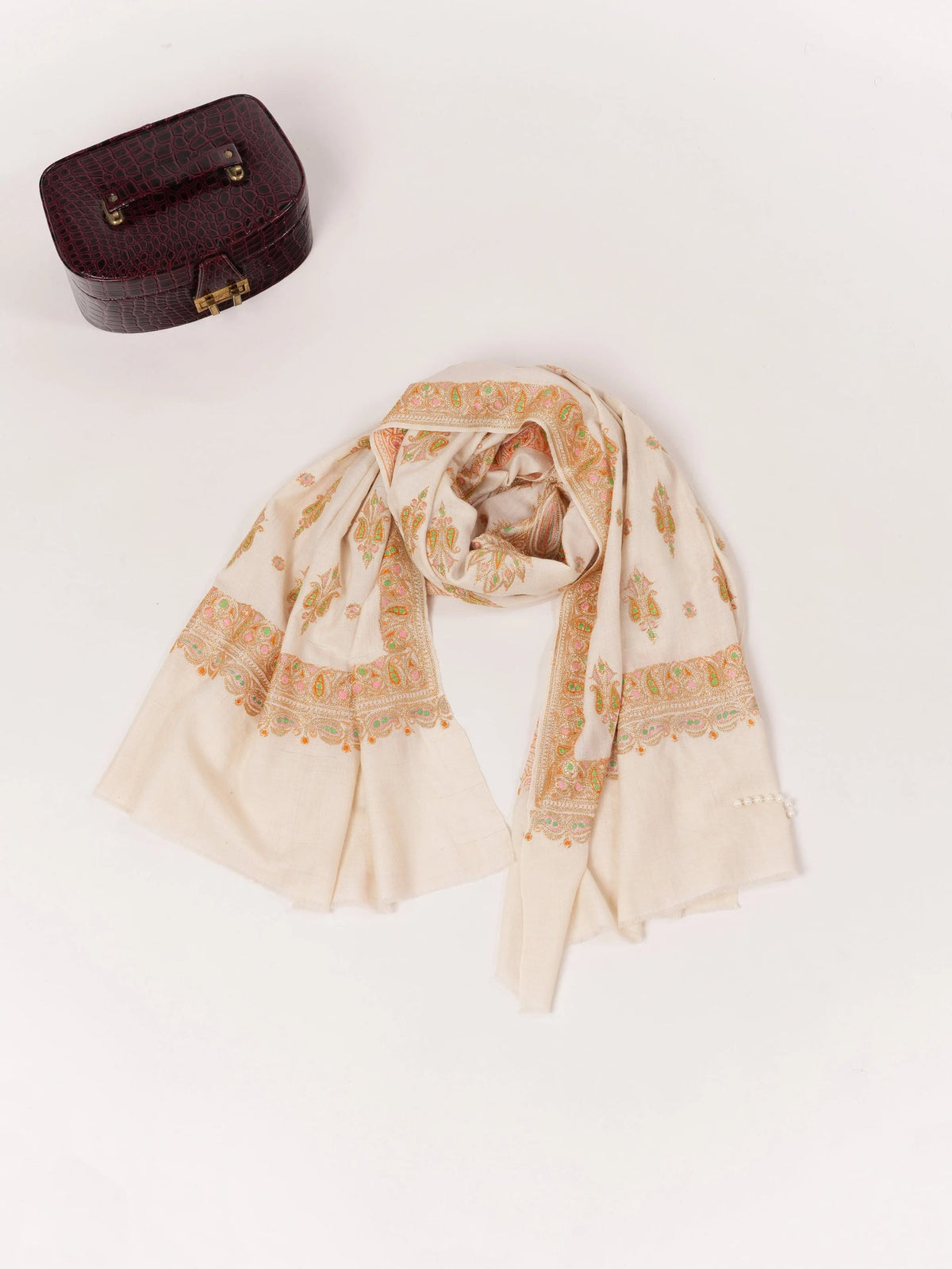 Hand Gold Tilla Buteh Embroidered Natural White Handwoven Pashmina Shawl Shahkaar.com