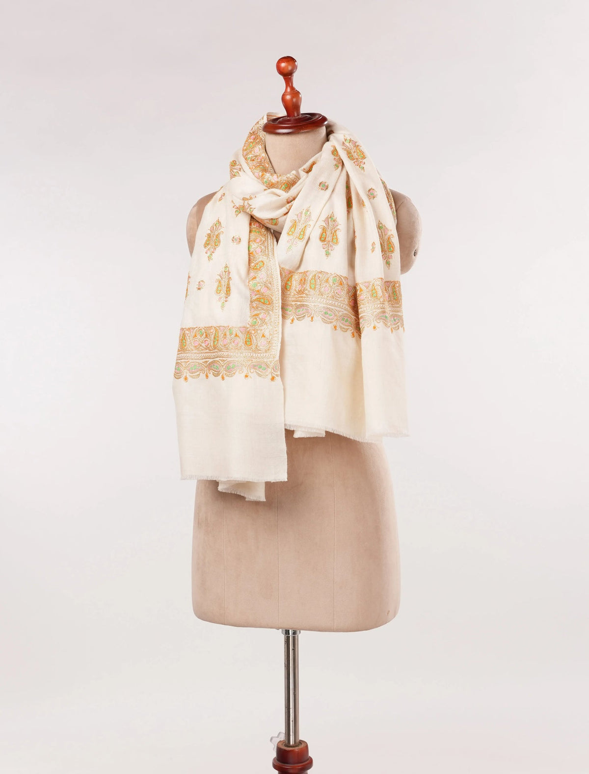Hand Gold Tilla Buteh Embroidered Natural White Handwoven Pashmina Shawl Shahkaar.com