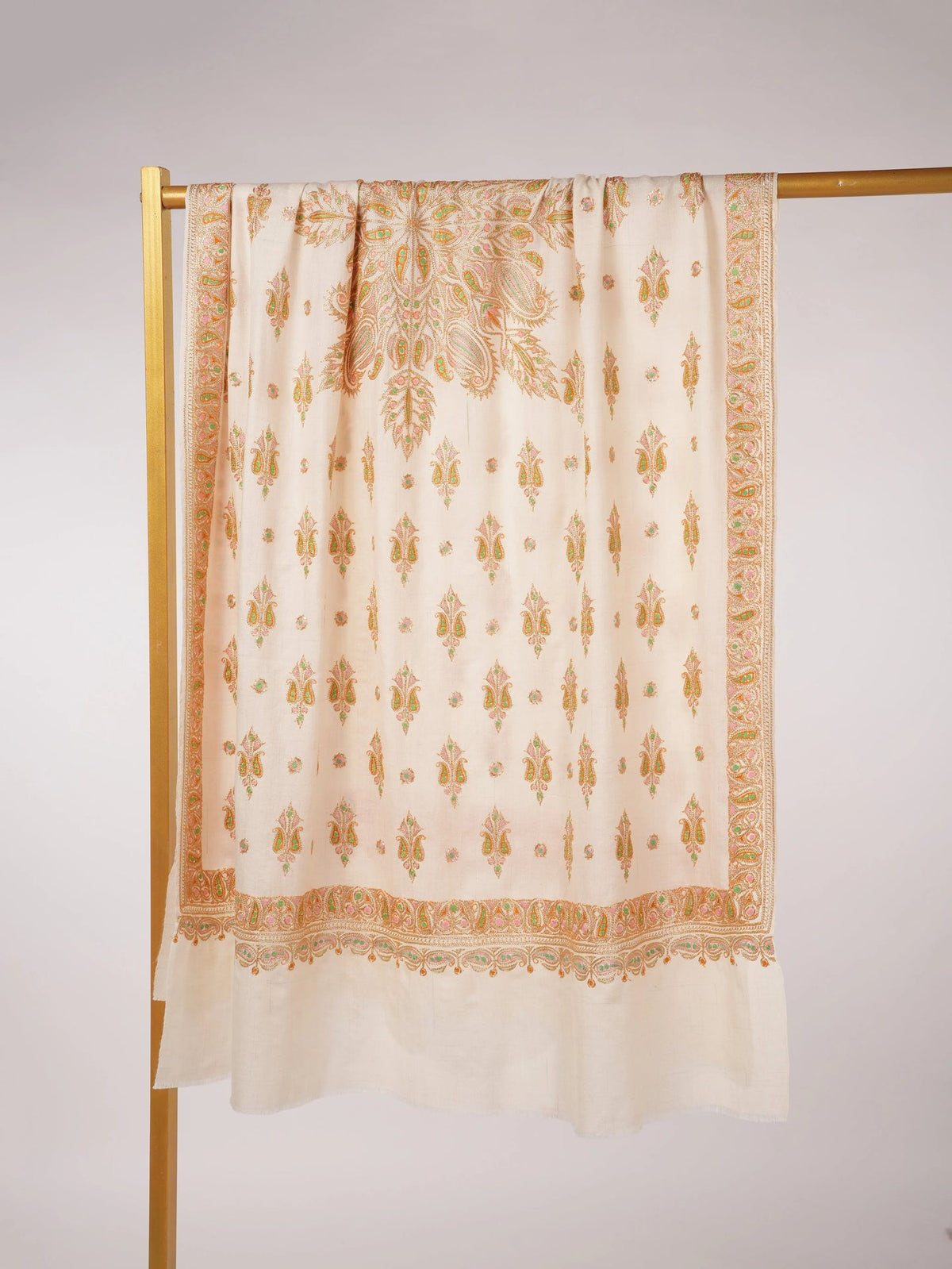 Hand Gold Tilla Buteh Embroidered Natural White Handwoven Pashmina Shawl Shahkaar.com