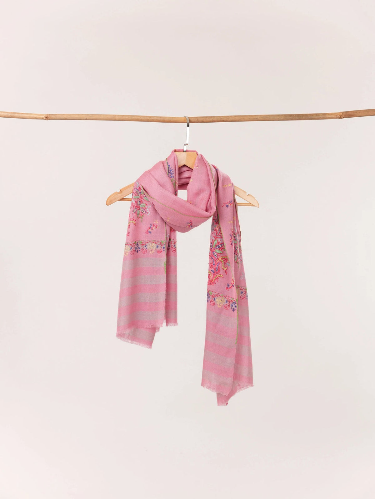Handwoven Pink Cashmere-Scarf with Kashmiri Hand Palla Embroidery Shahkaar.com
