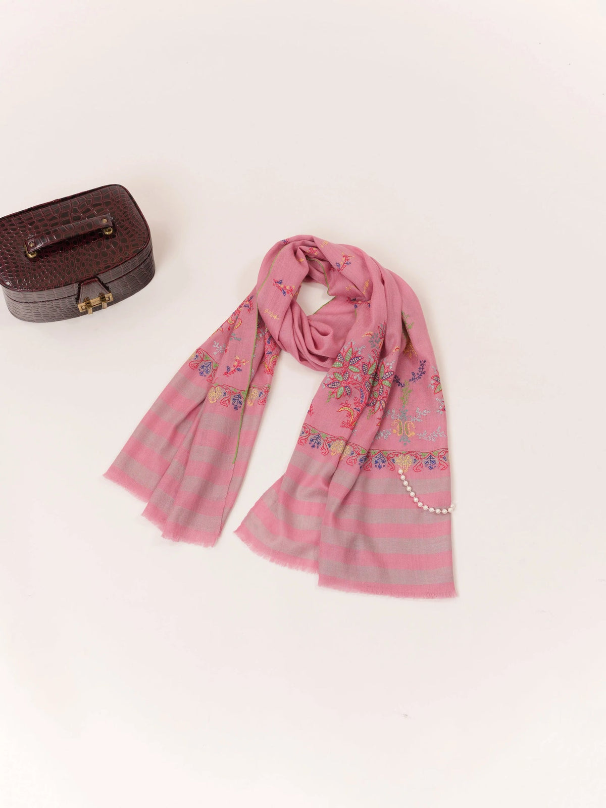 Handwoven Pink Cashmere-Scarf with Kashmiri Hand Palla Embroidery Shahkaar.com