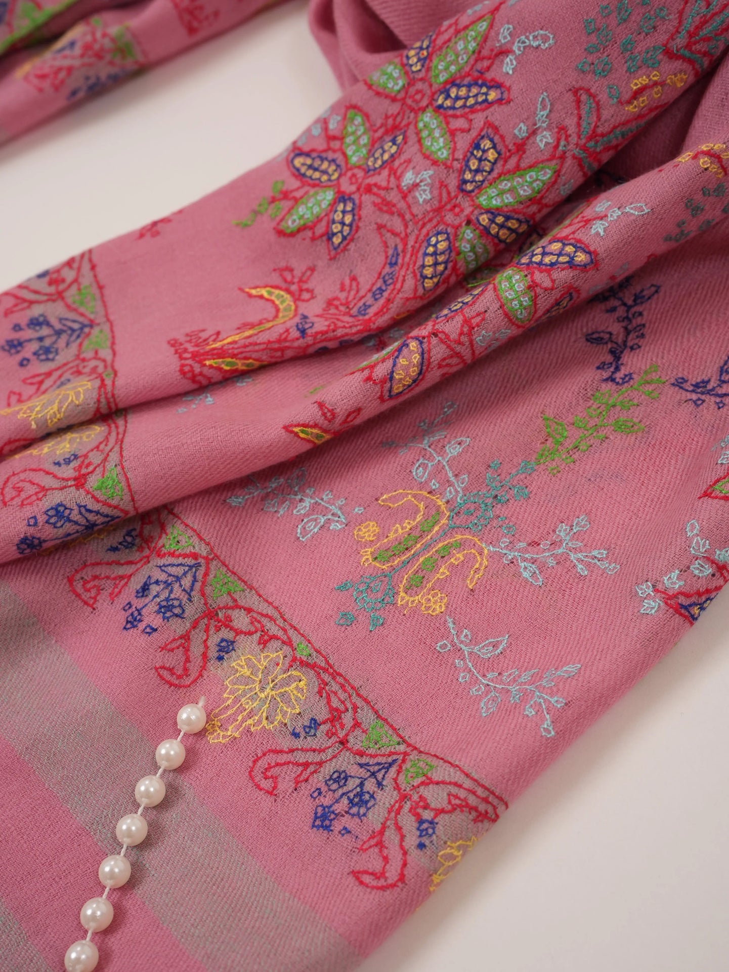 Handwoven Pink Cashmere-Scarf with Kashmiri Hand Palla Embroidery Shahkaar.com