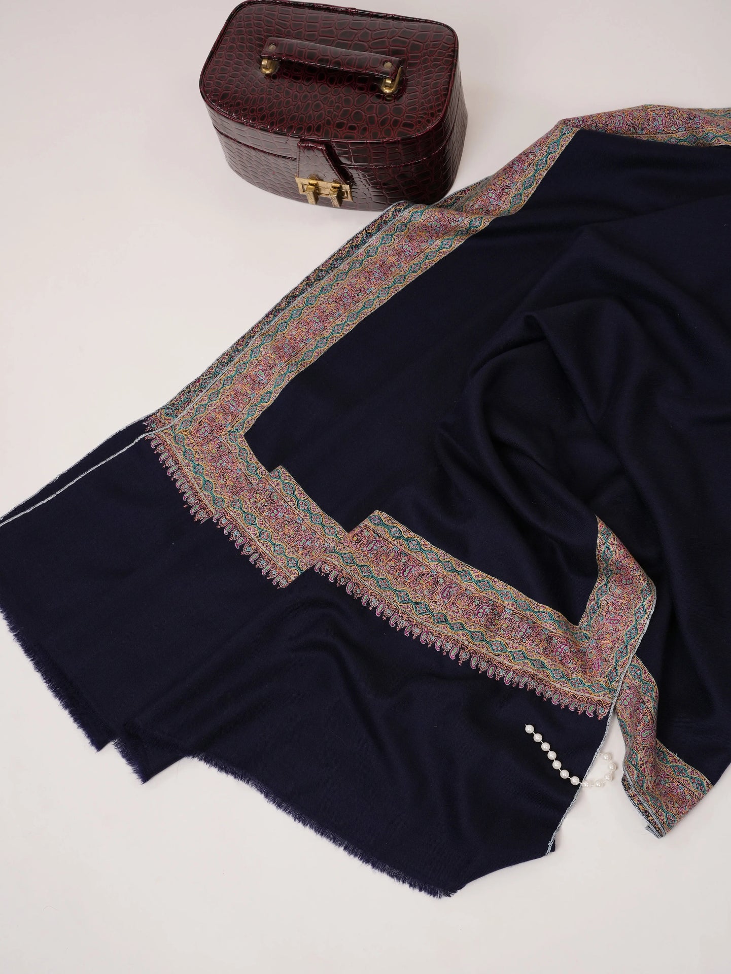 Navy Pashmina Shawl with Daurdar Fine Needle Hand Embroidery Shahkaar.com