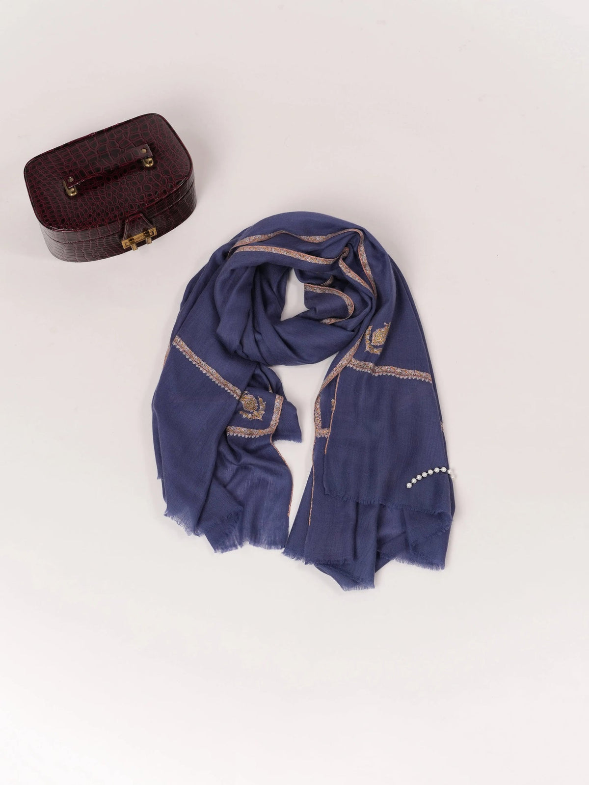 Hand Sozni Baildar Embroidered Blue Handwoven Baby Soft Pashmina Shawl Shahkaar.com