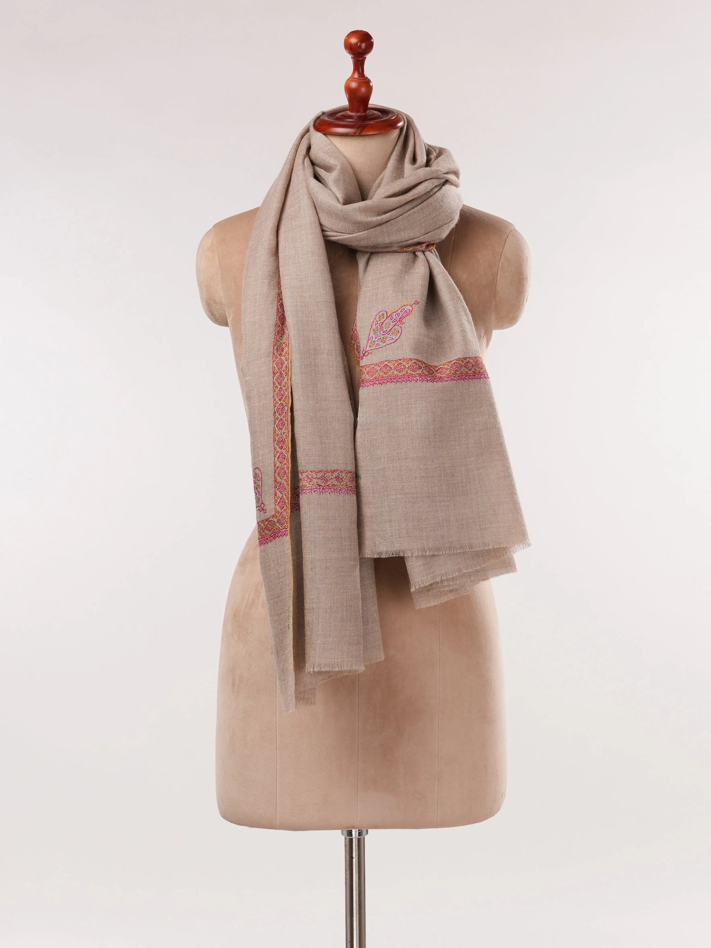 Natural Taupe Pashmina Shawl with Classic Hand Embroidery Shahkaar.com