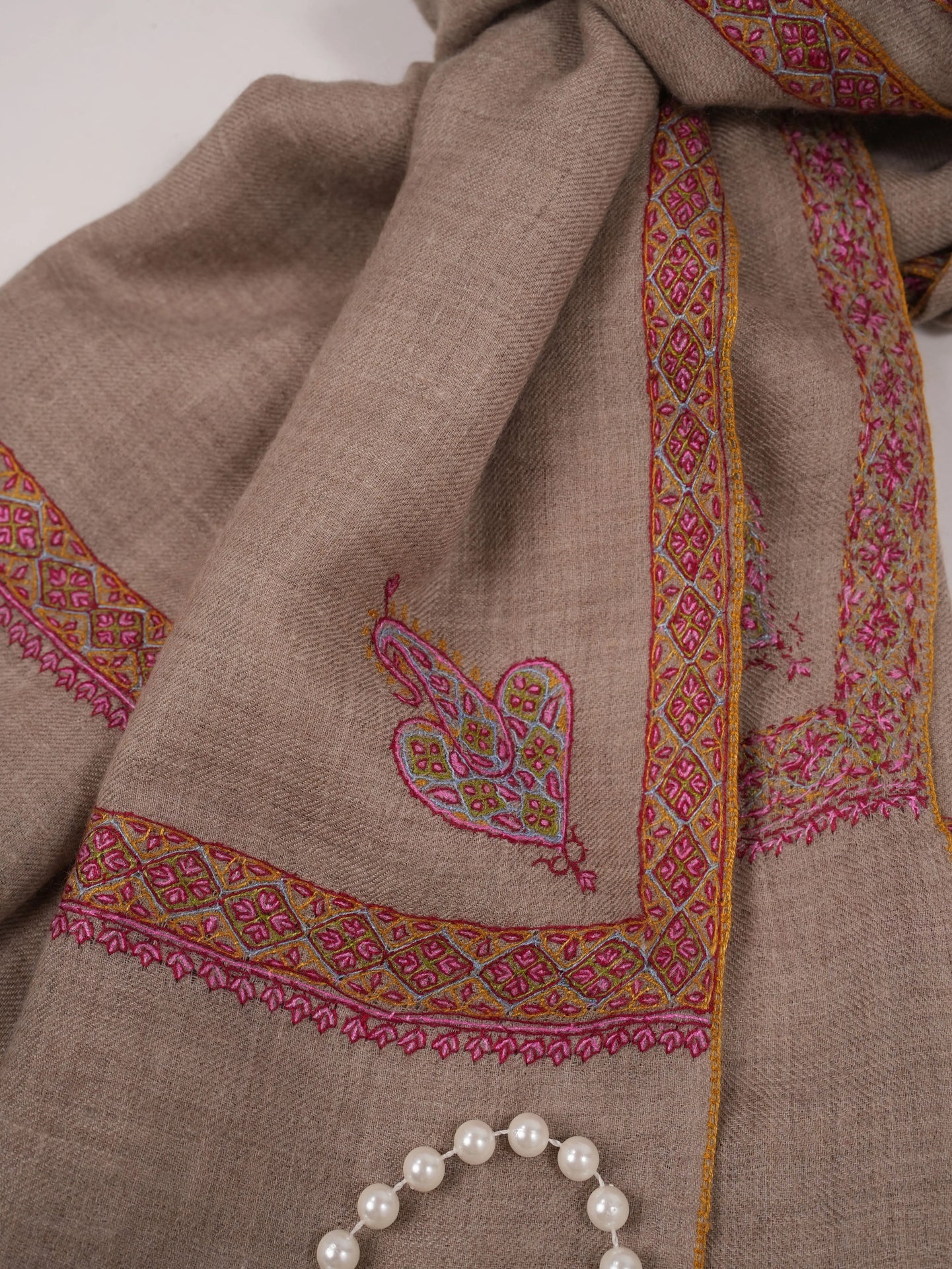 Natural Taupe Pashmina Shawl with Classic Hand Embroidery Shahkaar.com