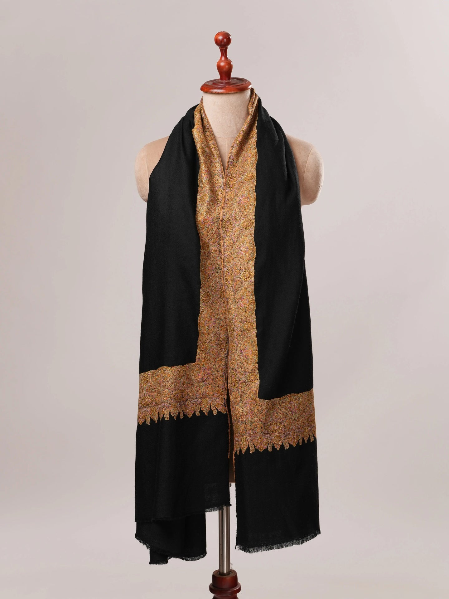 Black Pashmina Shawl with Classic Golden Daur Hand Embroidery Shahkaar.com