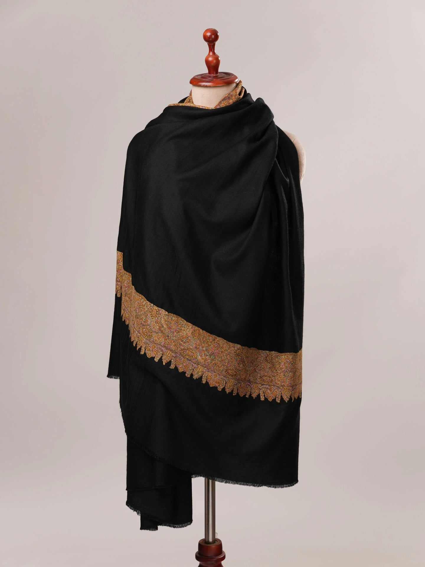 Black Pashmina Shawl with Classic Golden Daur Hand Embroidery Shahkaar.com