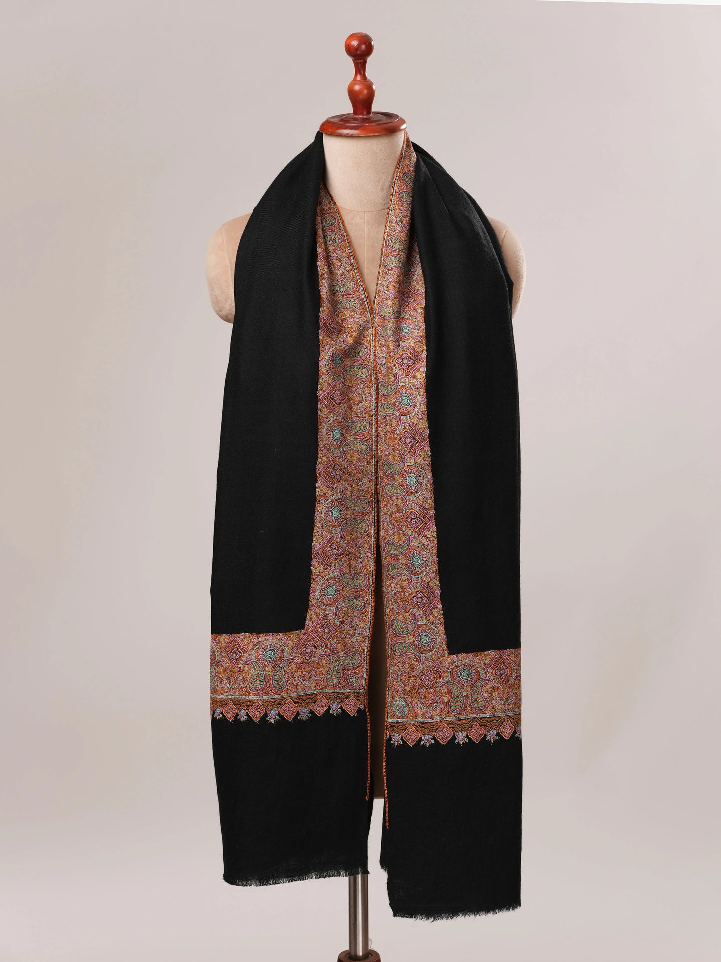 Black Pashmina Shawl with Traditional Daurdar Hand Embroidery Shahkaar.com