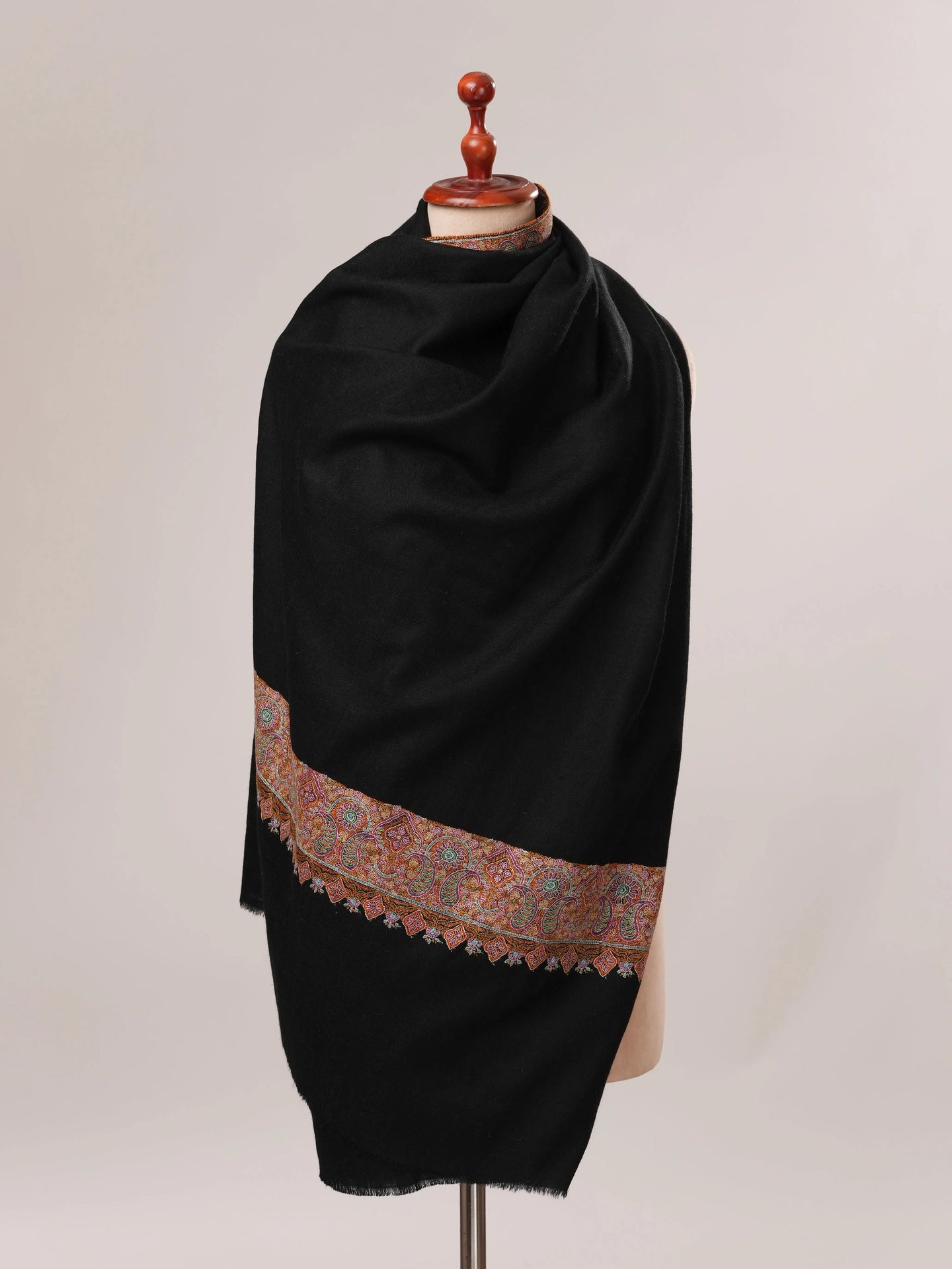 Black Pashmina Shawl with Traditional Daurdar Hand Embroidery Shahkaar.com