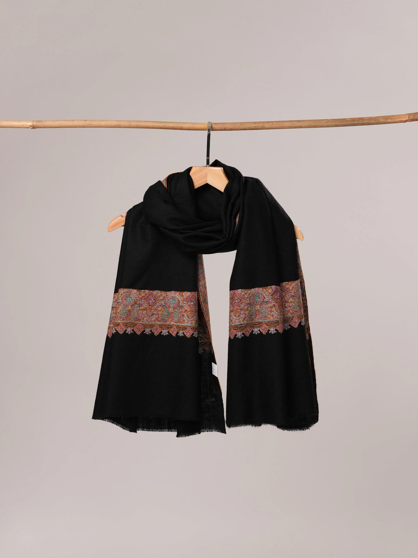 Black Pashmina Shawl with Traditional Daurdar Hand Embroidery Shahkaar.com