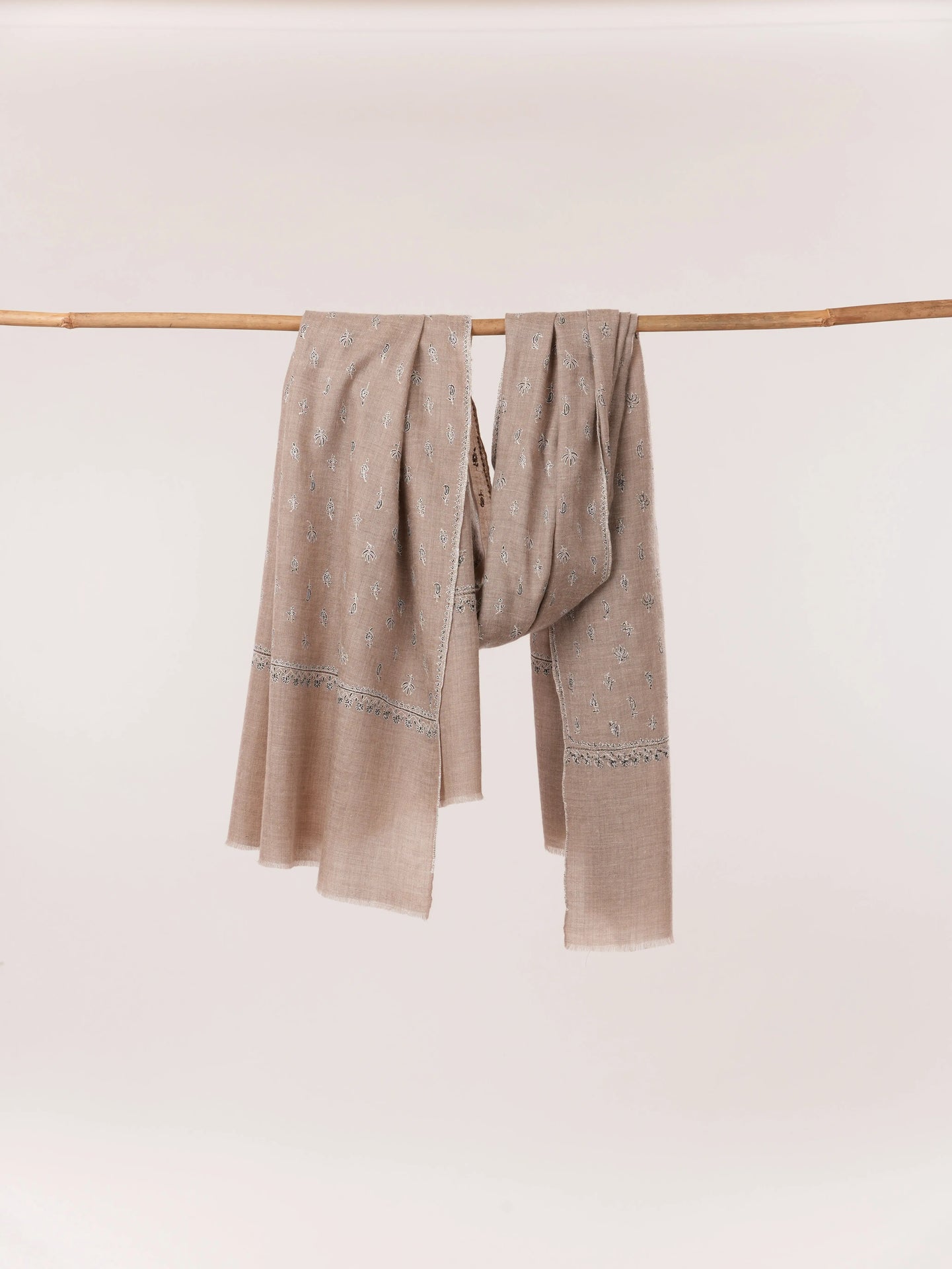 Handwoven Natural Taupe Beige Premium Pashmina Shawl with Kashmiri Sozni Buteh Embroidery Shahkaar.com