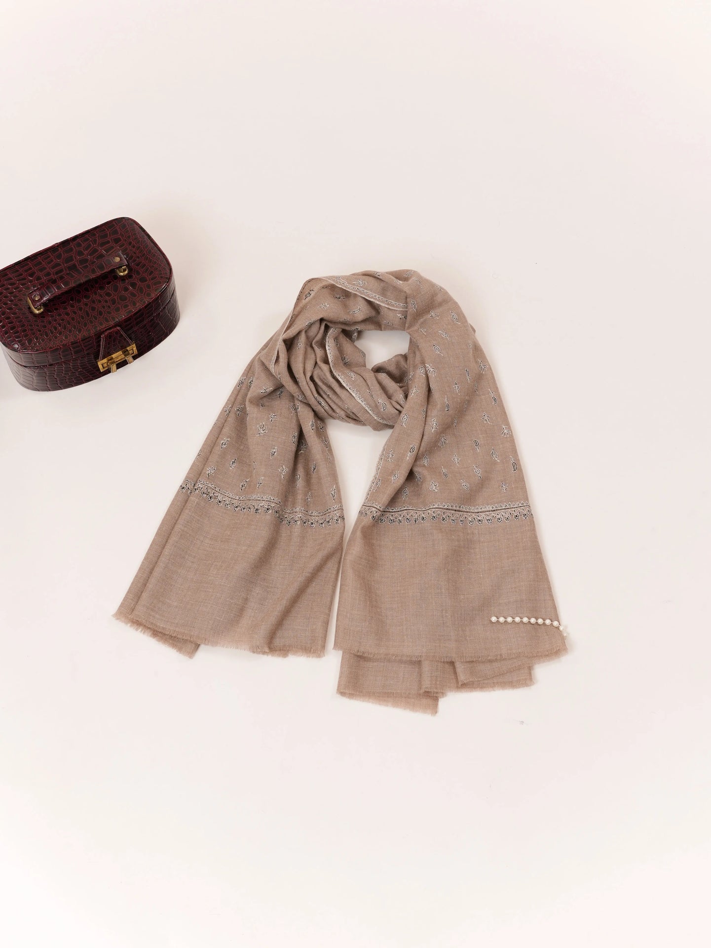 Handwoven Natural Taupe Beige Premium Pashmina Shawl with Kashmiri Sozni Buteh Embroidery Shahkaar.com