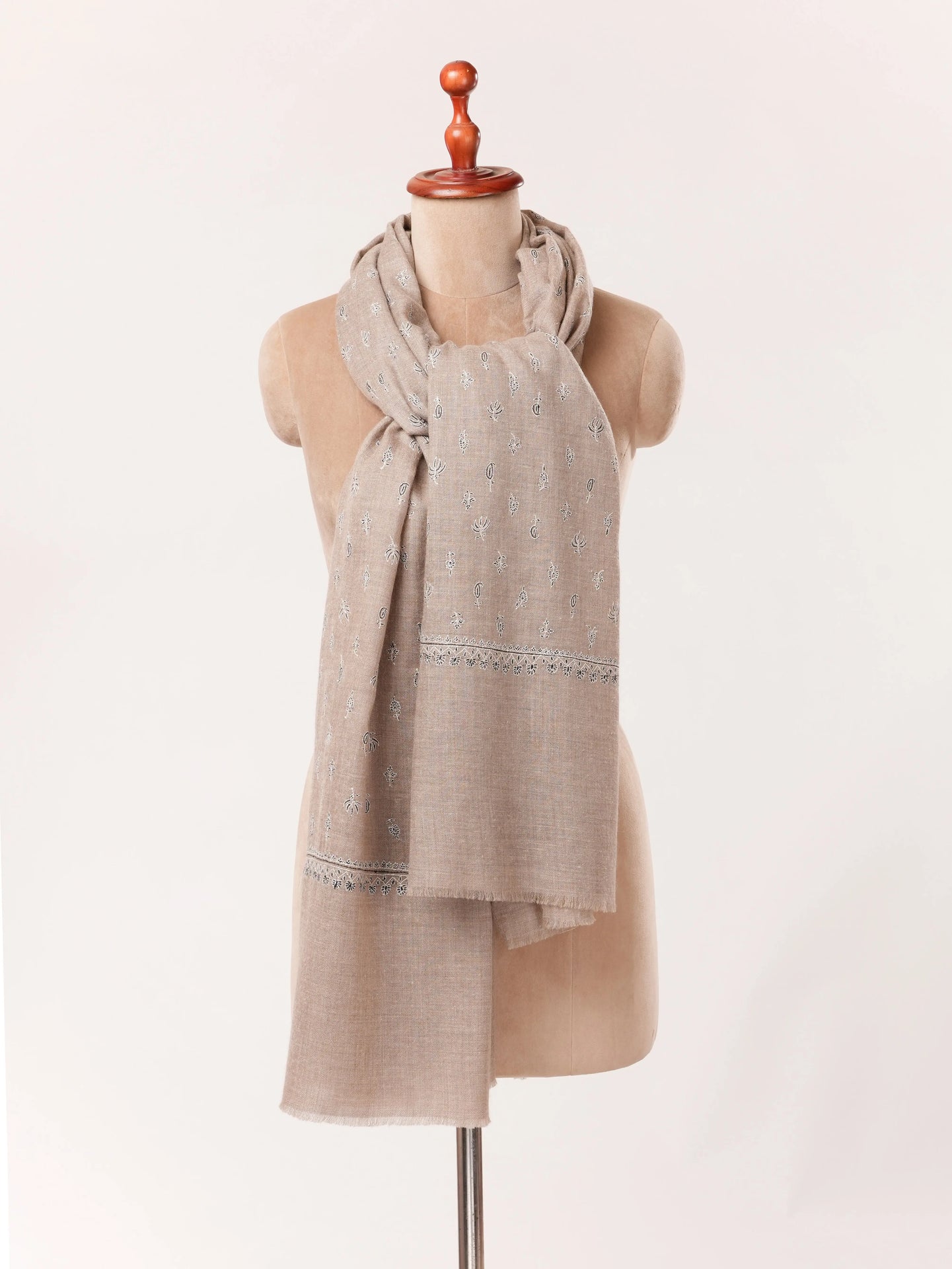Handwoven Natural Taupe Beige Premium Pashmina Shawl with Kashmiri Sozni Buteh Embroidery Shahkaar.com