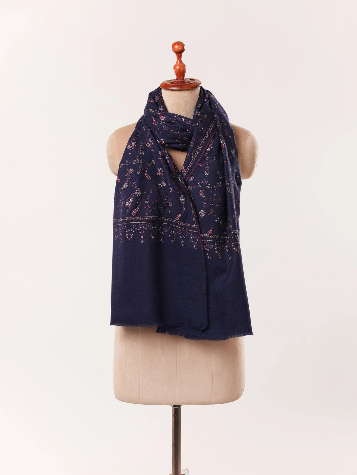 Dark Blue Cashmere Kashmiri Handwoven Scarf with Jali Embroidery Shahkaar.com