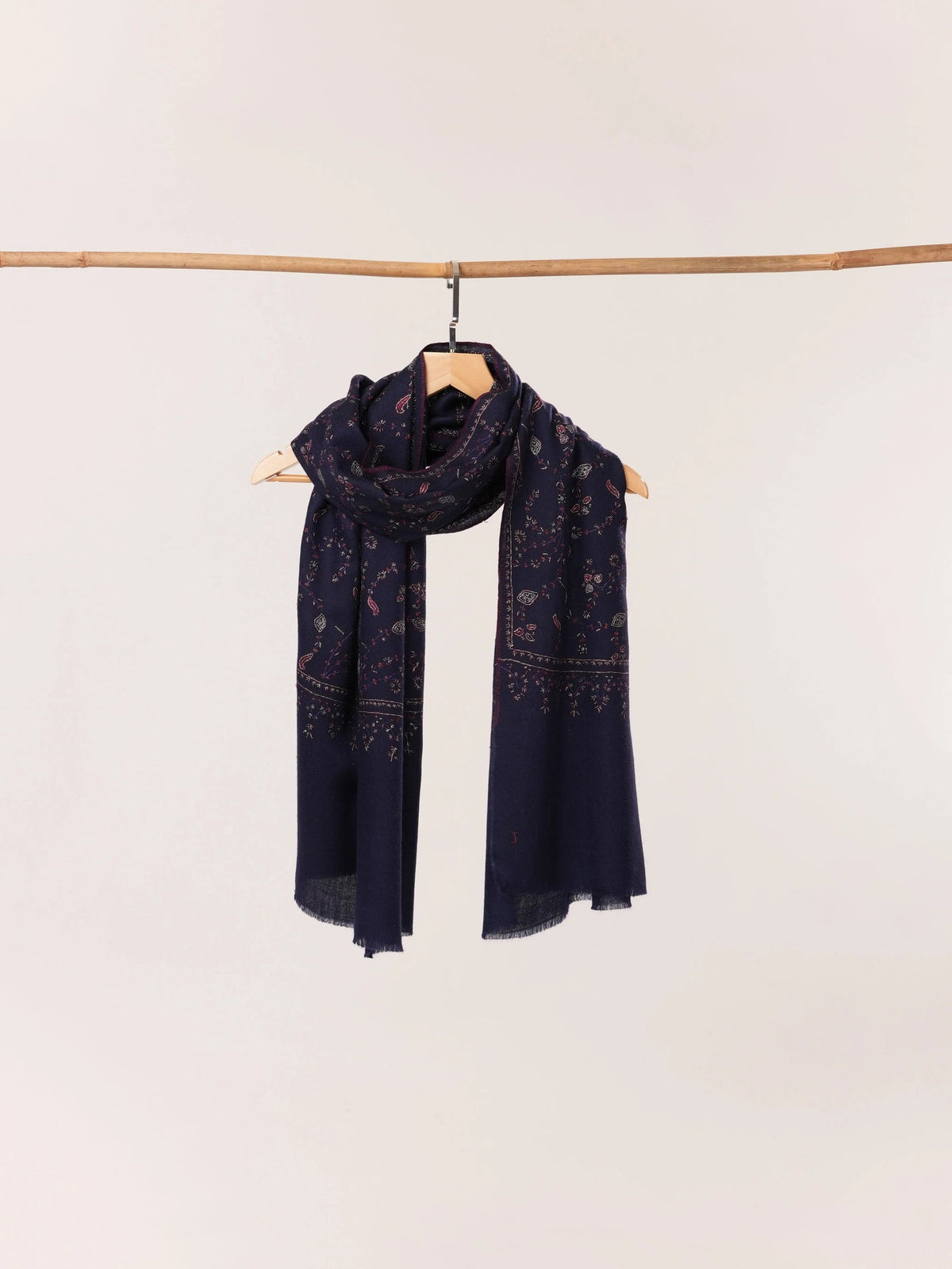 Dark Blue Cashmere Kashmiri Handwoven Scarf with Jali Embroidery Shahkaar.com