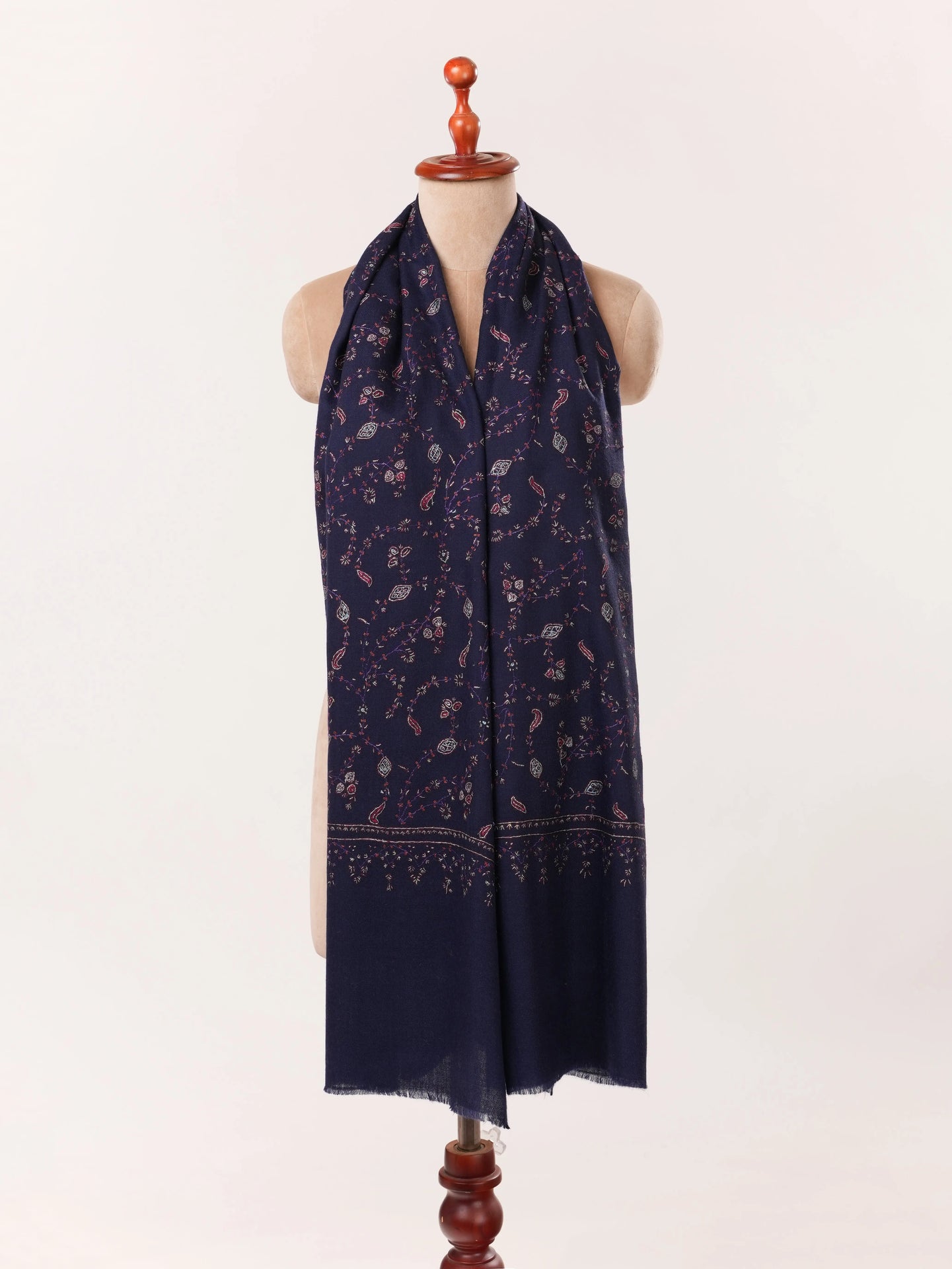 Dark Blue Cashmere Kashmiri Handwoven Scarf with Jali Embroidery Shahkaar.com