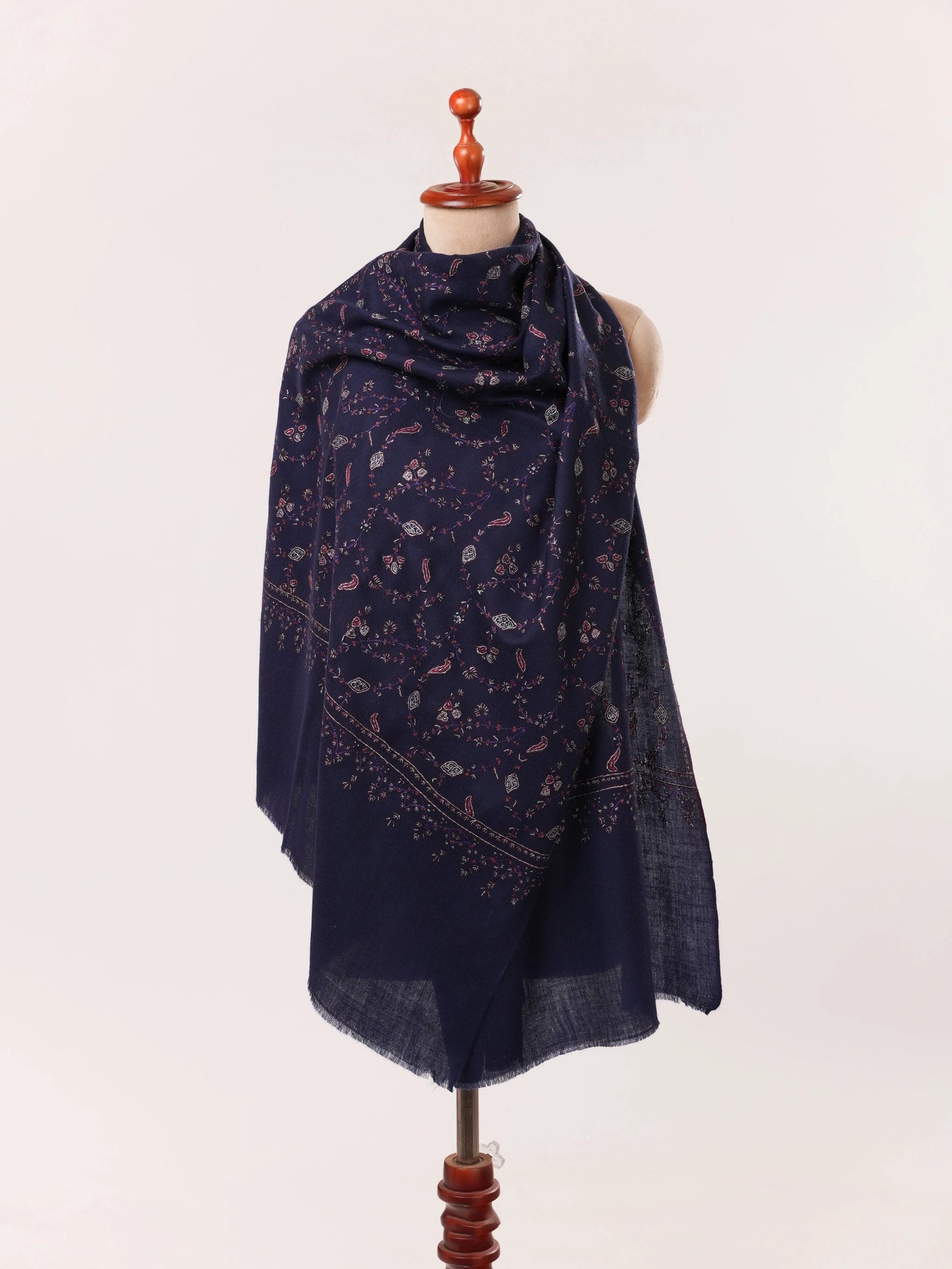 Dark Blue Cashmere Kashmiri Handwoven Scarf with Jali Embroidery Shahkaar.com