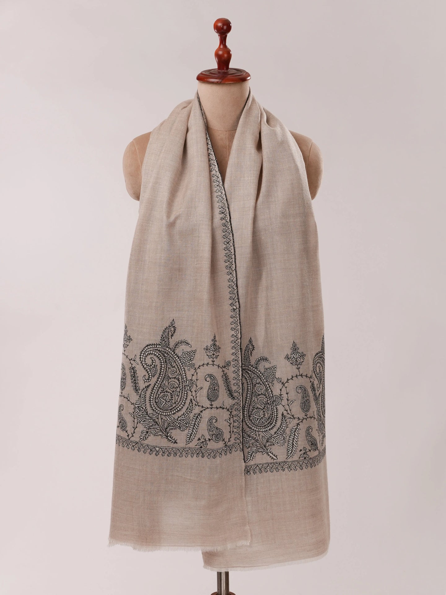 Natural Grey Cashmere Scarf with Palla Paisley Hand Embroidery Shahkaar.com