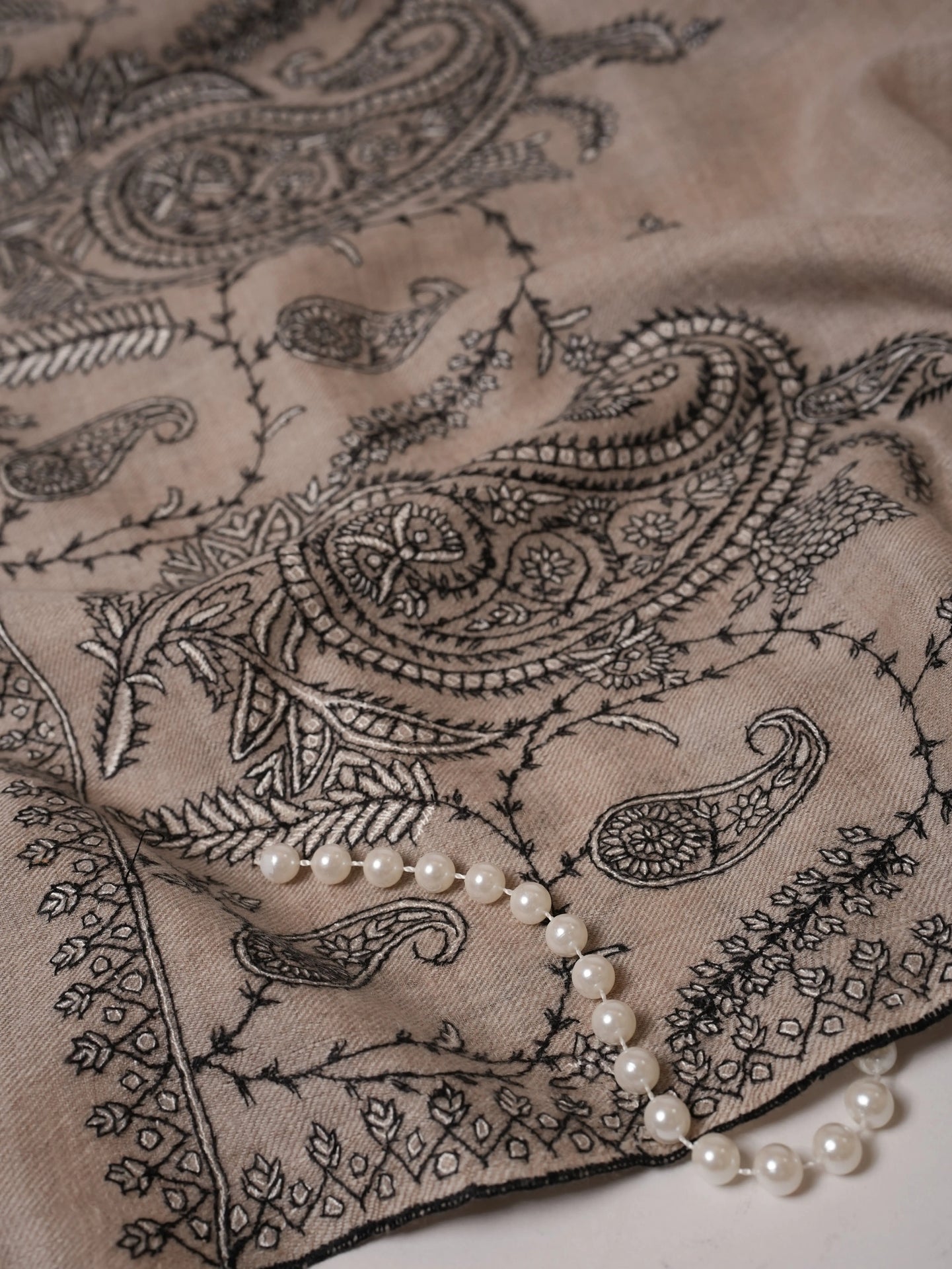 Natural Grey Cashmere Scarf with Palla Paisley Hand Embroidery Shahkaar.com