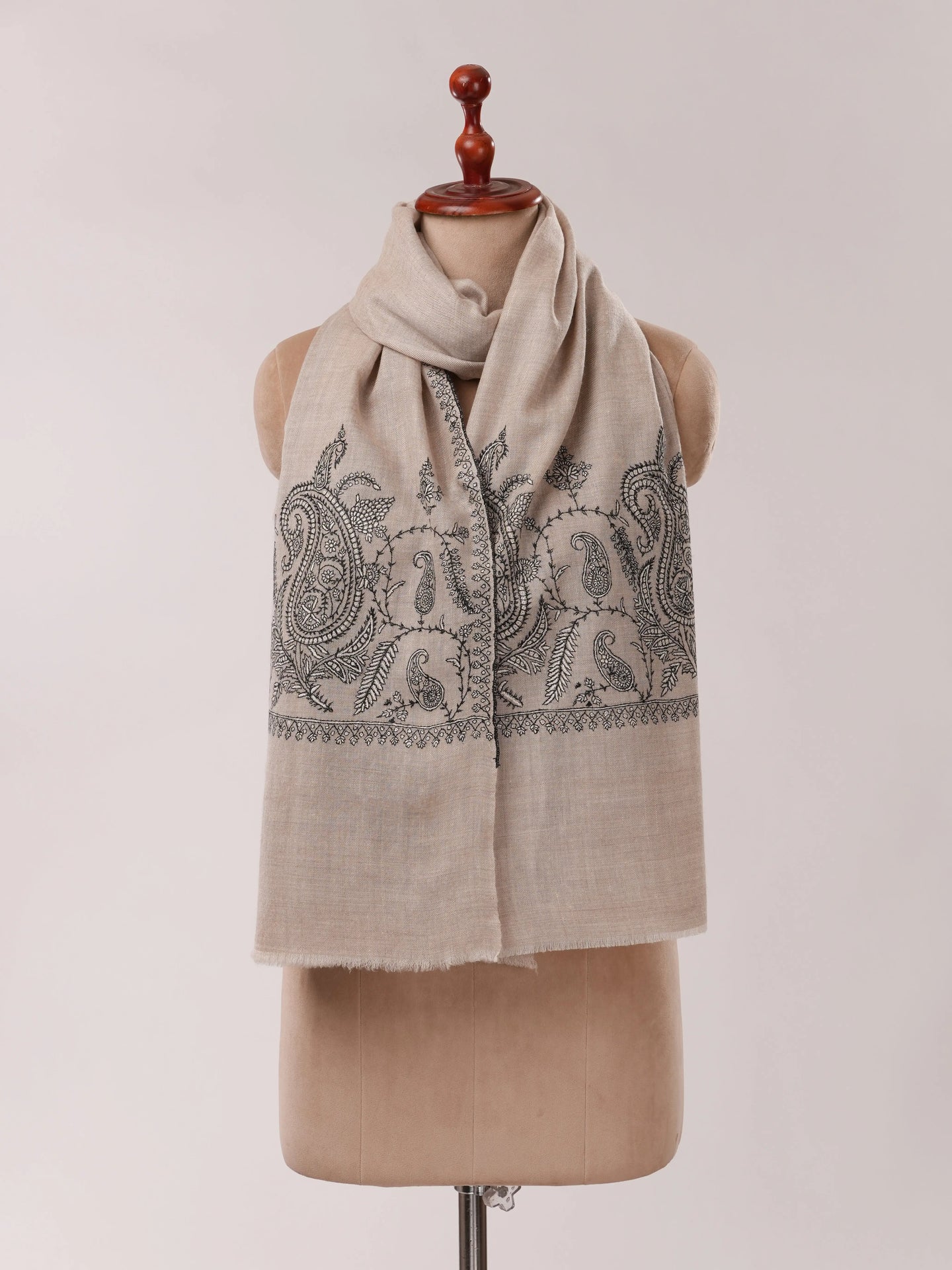 Natural Grey Cashmere Scarf with Palla Paisley Hand Embroidery Shahkaar.com