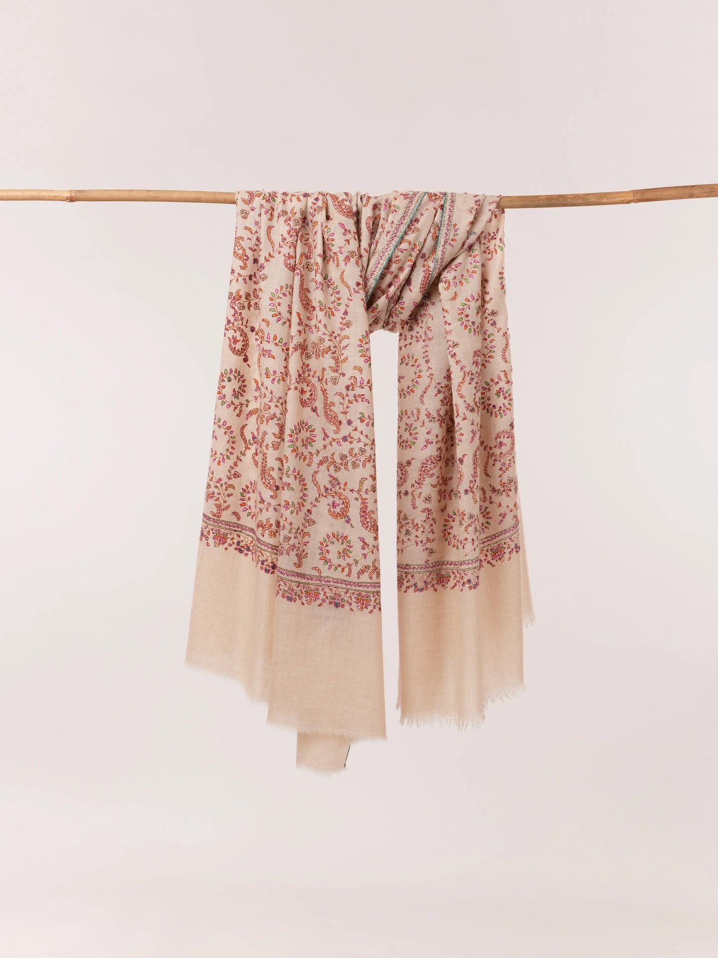 Natural Off White Hand Embroidered Pure Pashmina Shawl Shahkaar.com