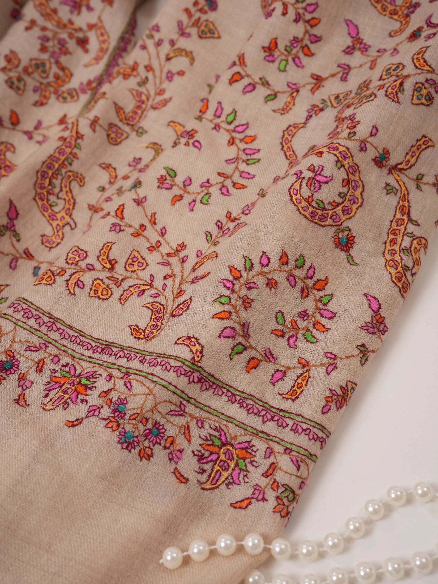 Natural Off White Hand Embroidered Pure Pashmina Shawl Shahkaar.com