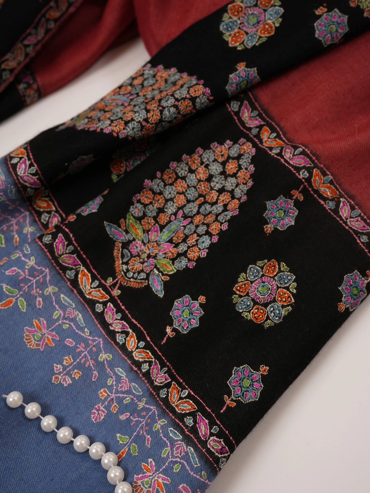 Luxurious Kalandaur Handwoven Kashmiri Shawl with Hand Sozni Border Embroidery In Red Black and Blue Shahkaar.com