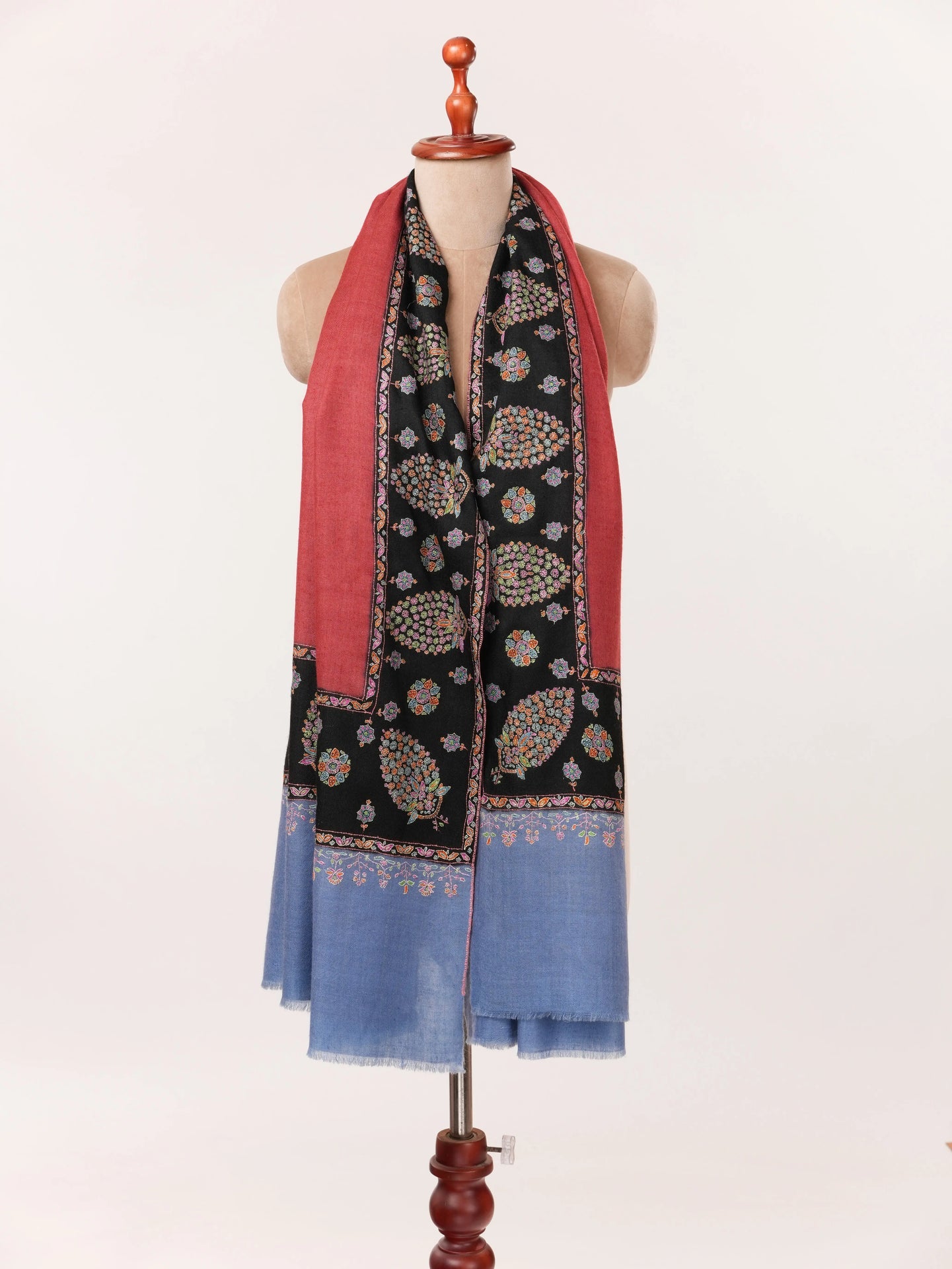 Luxurious Kalandaur Handwoven Kashmiri Shawl with Hand Sozni Border Embroidery In Red Black and Blue Shahkaar.com