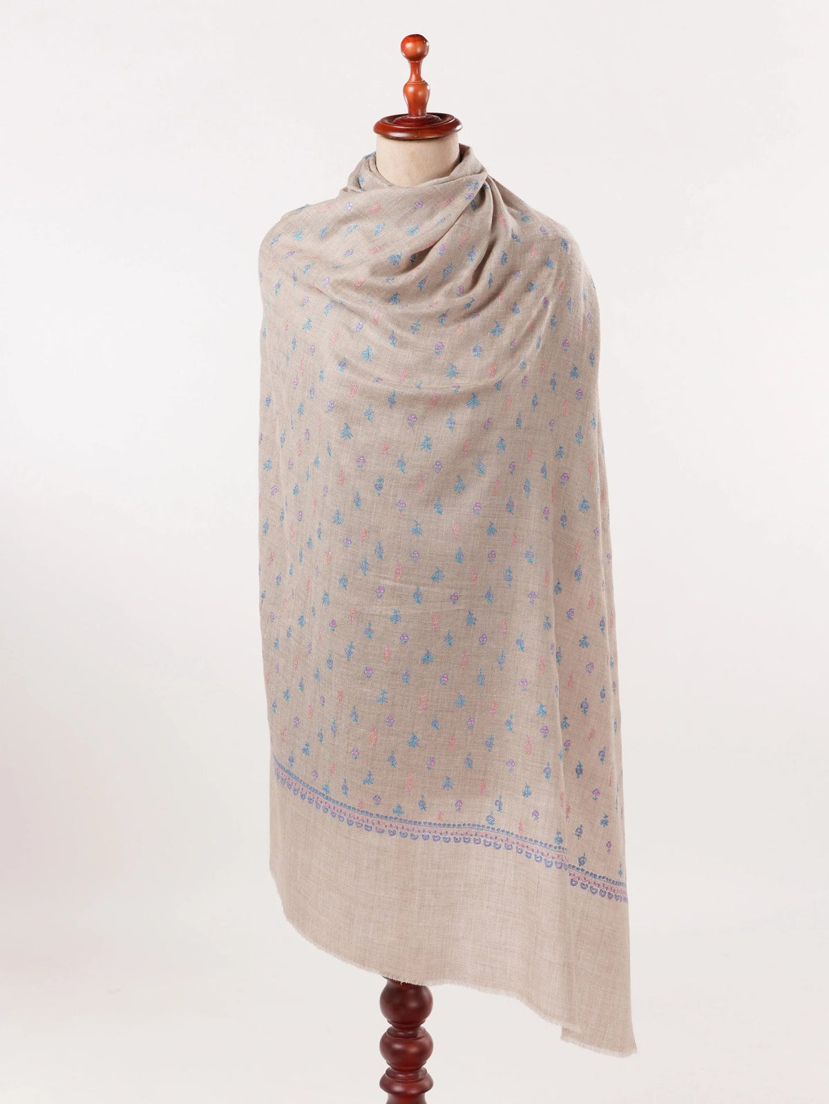 Natural Beige Classic Handwoven Pashmina Shawl with Buteh Hand Embroidery
