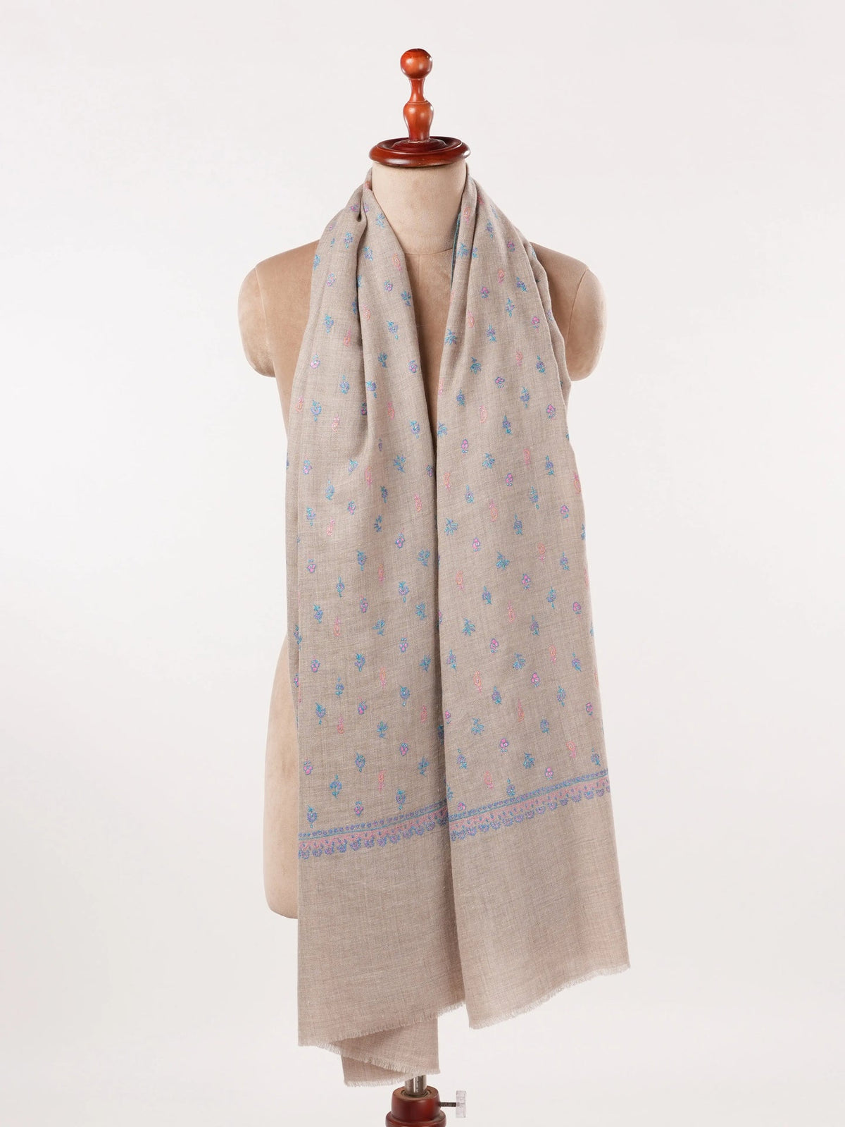 Natural Beige Classic Handwoven Pashmina Shawl with Buteh Hand Embroidery