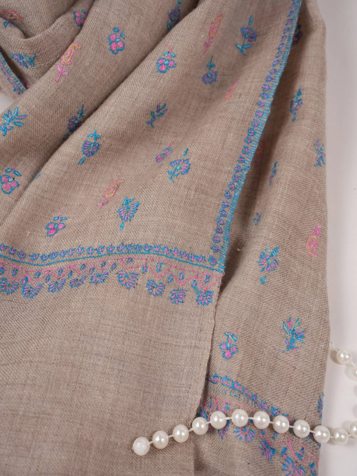 Natural Beige Classic Handwoven Pashmina Shawl with Buteh Hand Embroidery